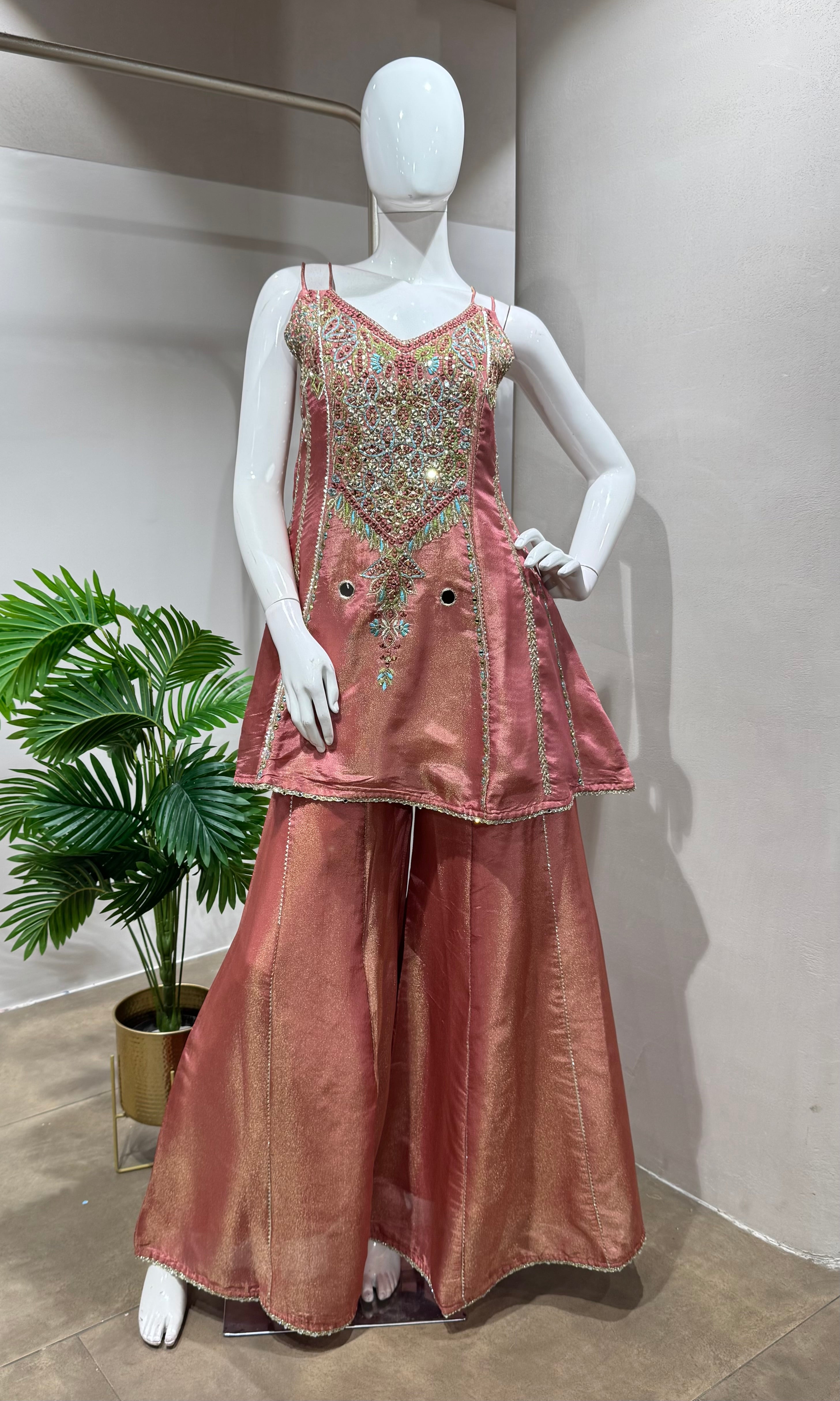 peach embroidered Tissue Sharara Set