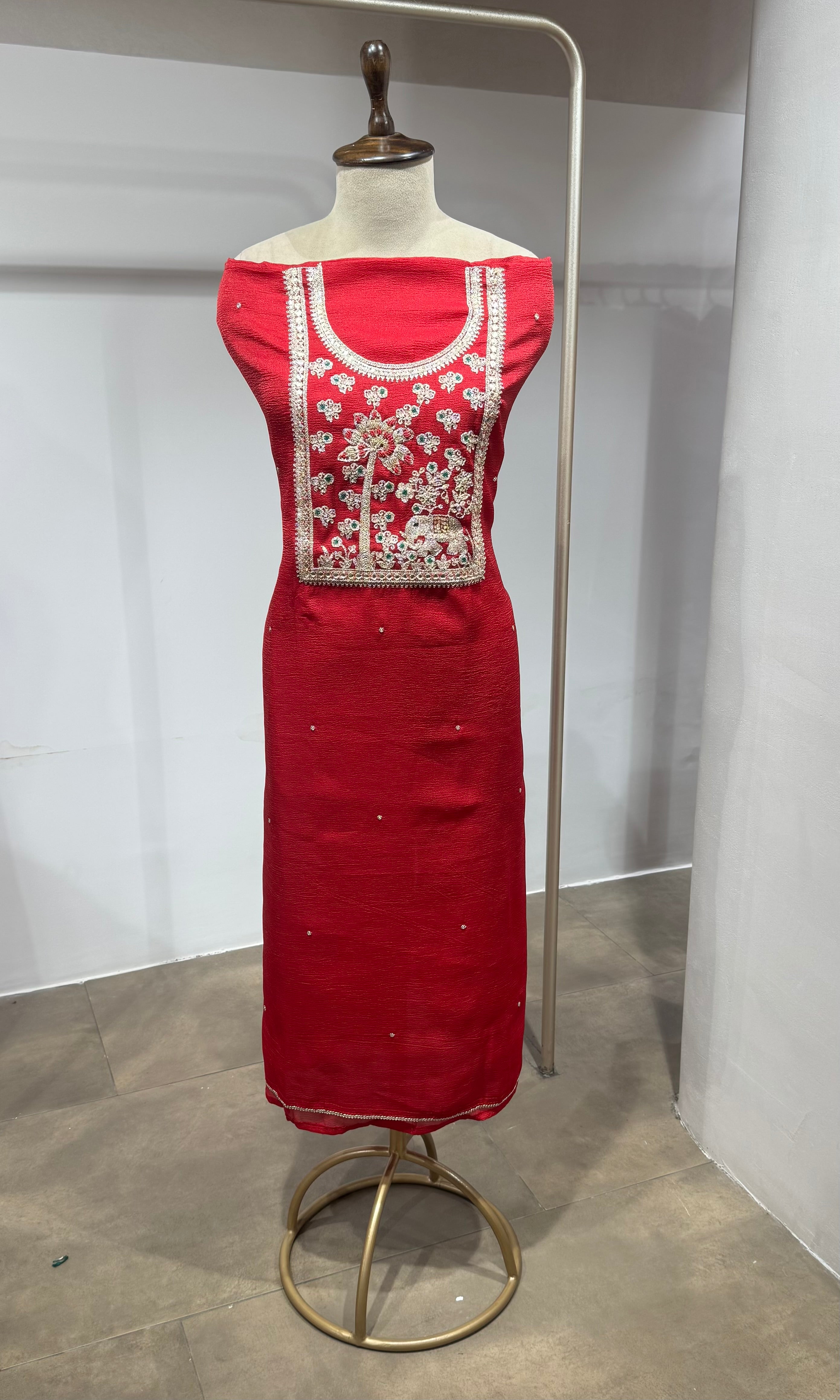 Red ETHINC DRESS MATERIAL WITH BANARASI DUPATTA