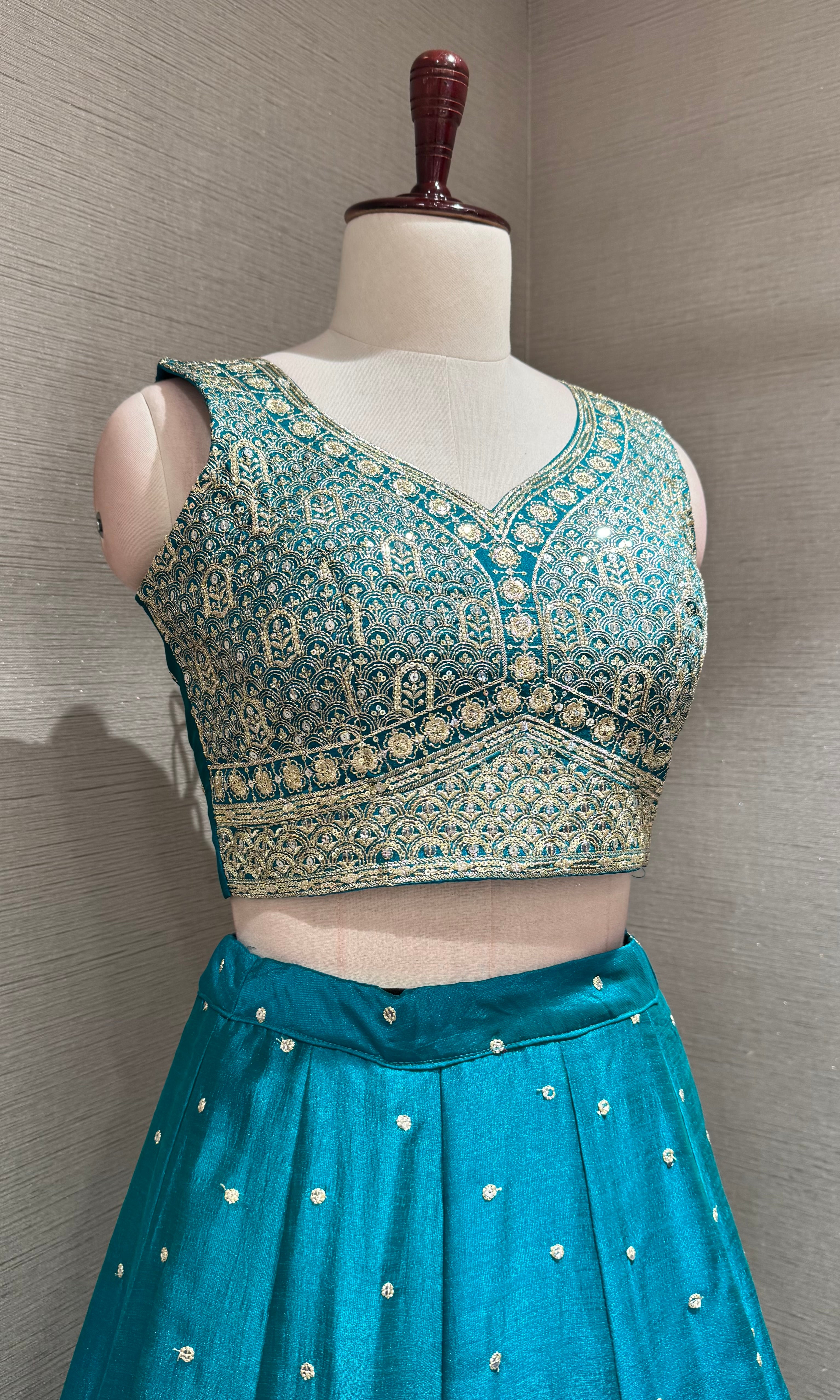 Rama blue golden embroidered lehenga choli set