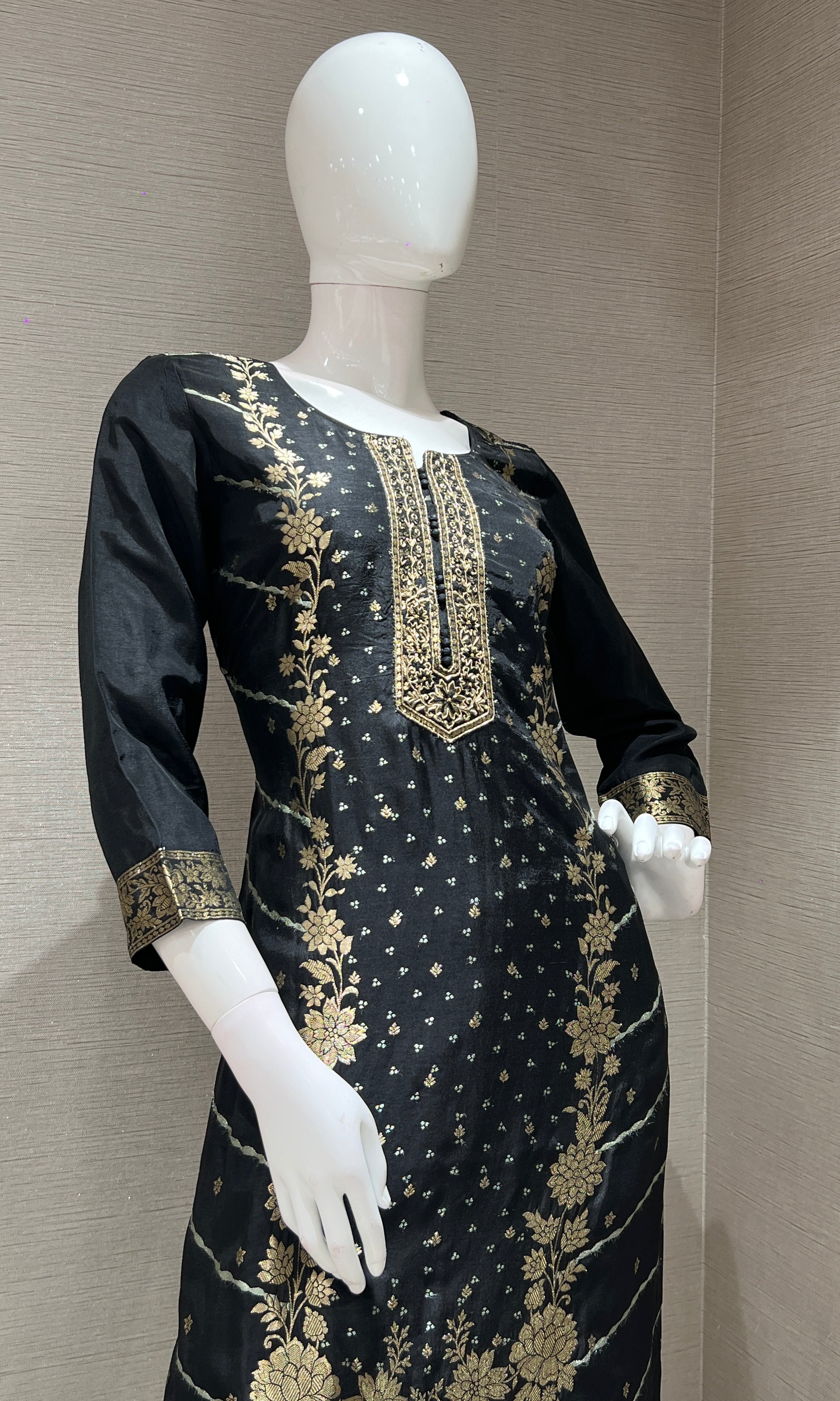 Black golden floral print kurta set