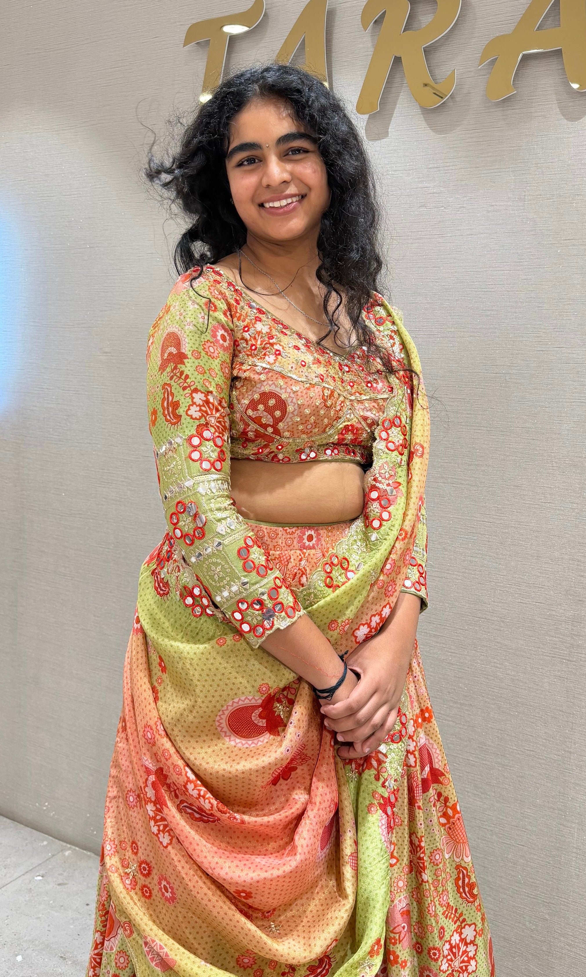 Green Floral Printed Silk Lehenga Choli