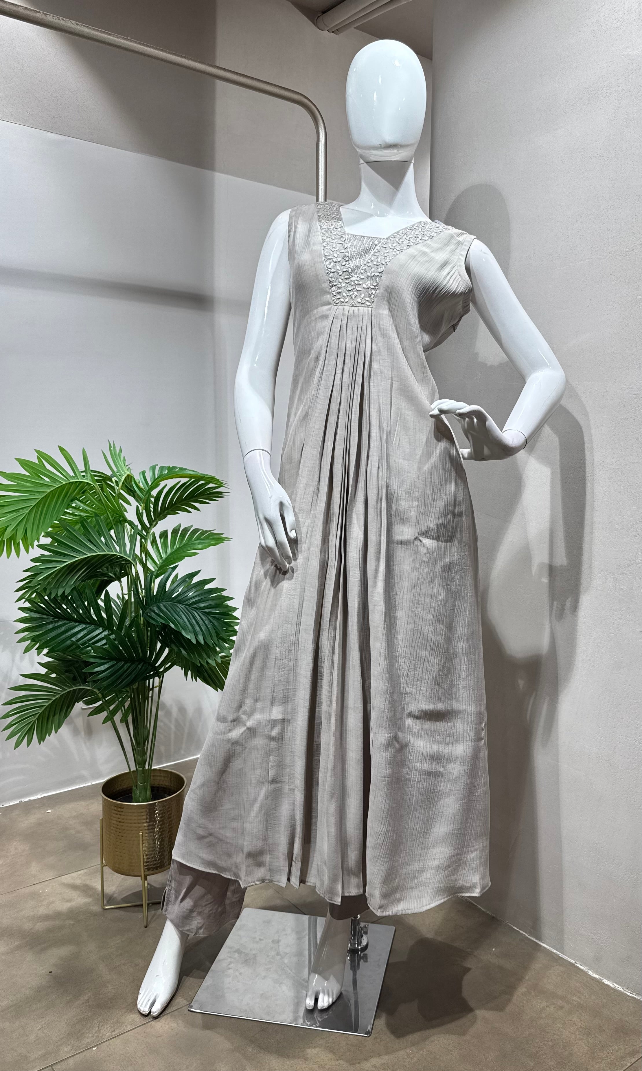 grey embroidered a line kurta set