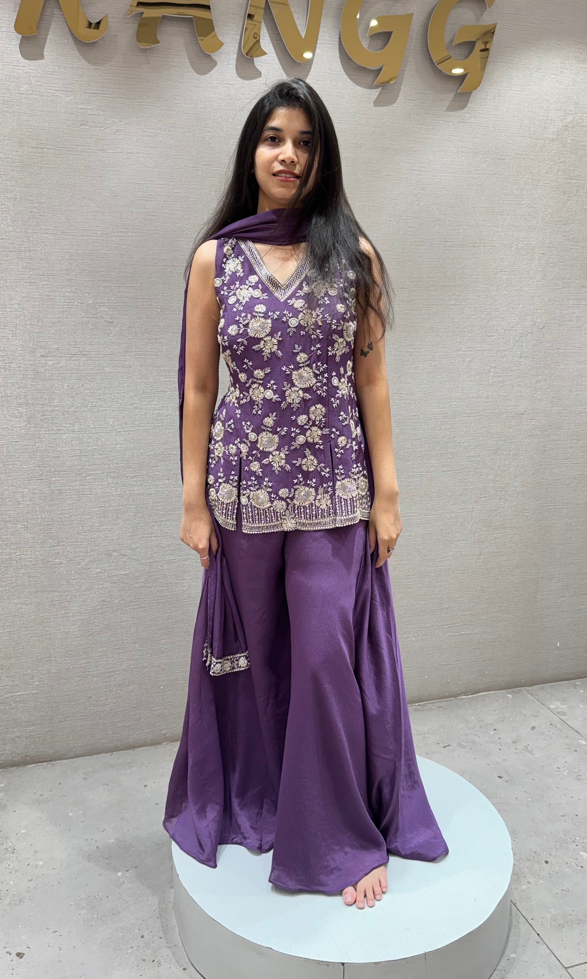 Purple floral embroidery palazzo set