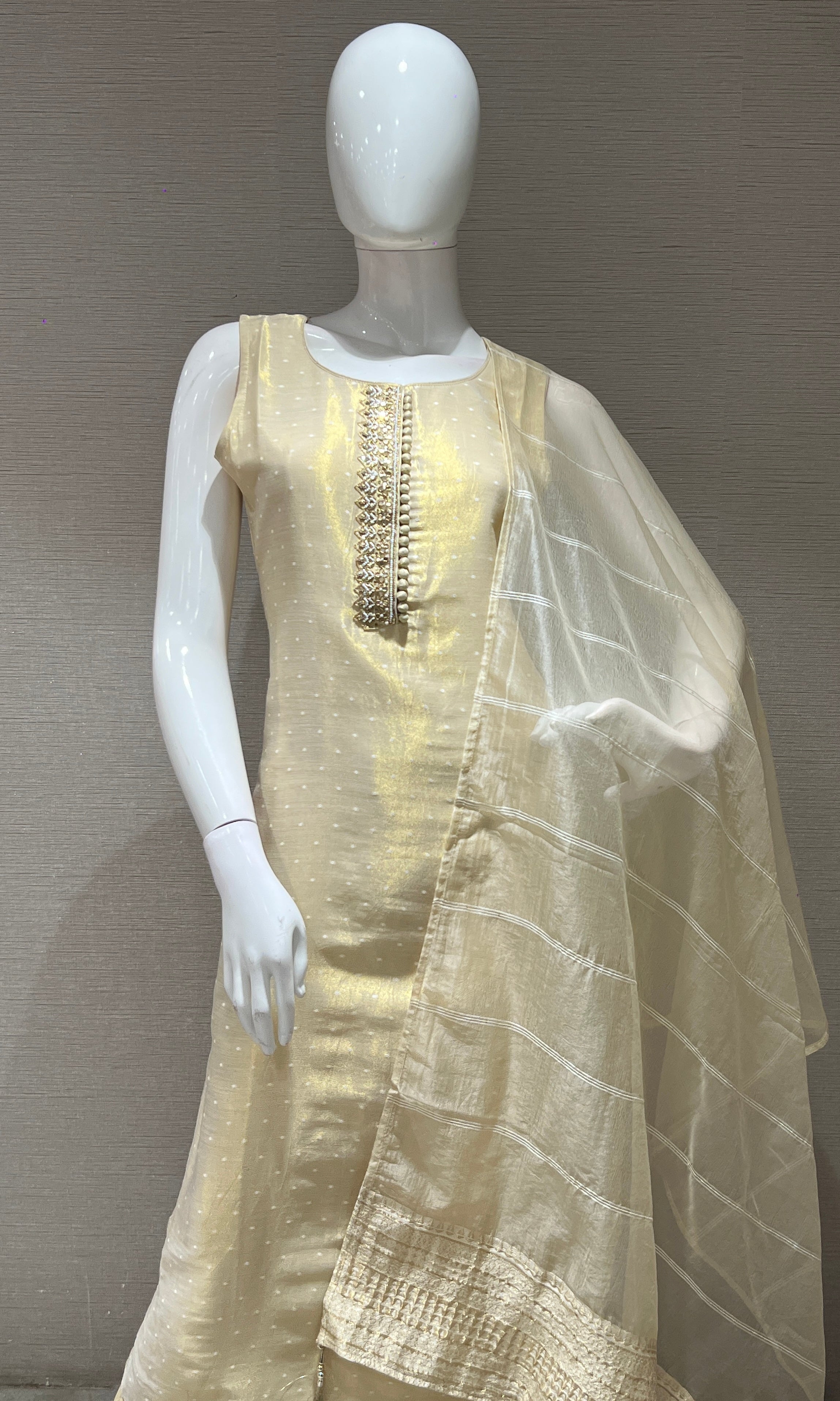 Cream kurta set with striped dupatta