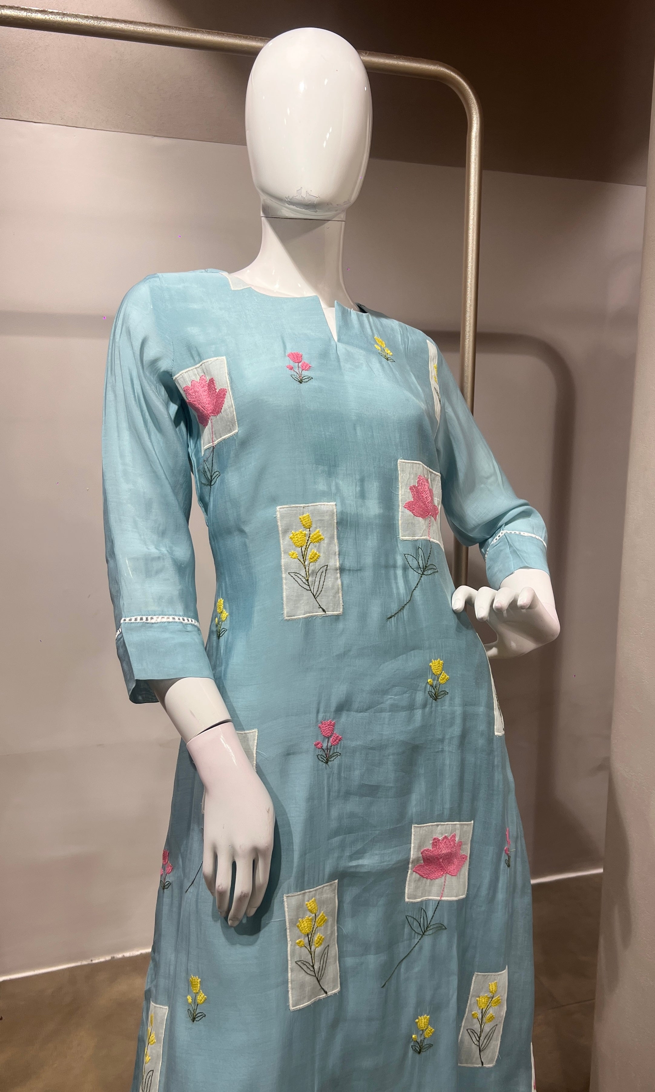 Sea Blue Patchwork Embroidered Kurta Set with Dupatta