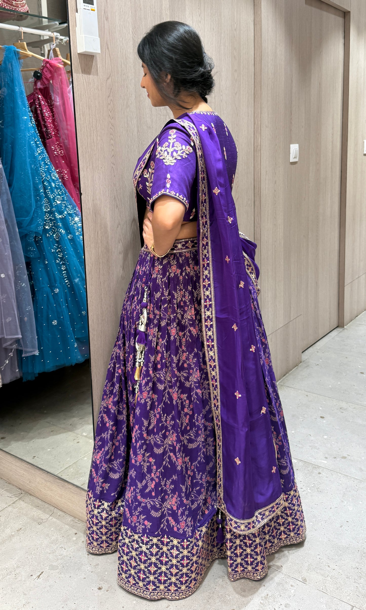 Purple lehanga with designer blouse