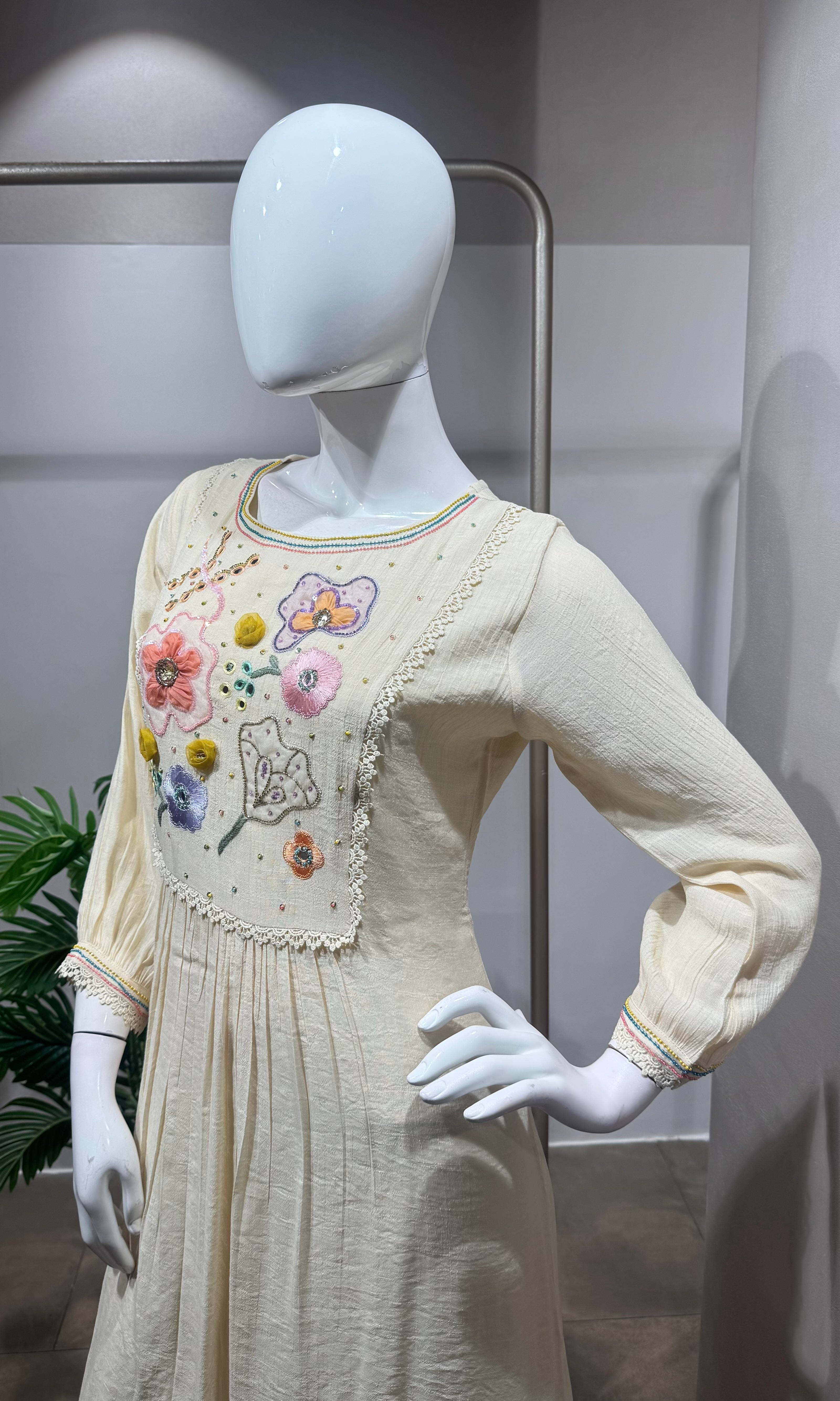 cream Floral Embroidered A-Line dress