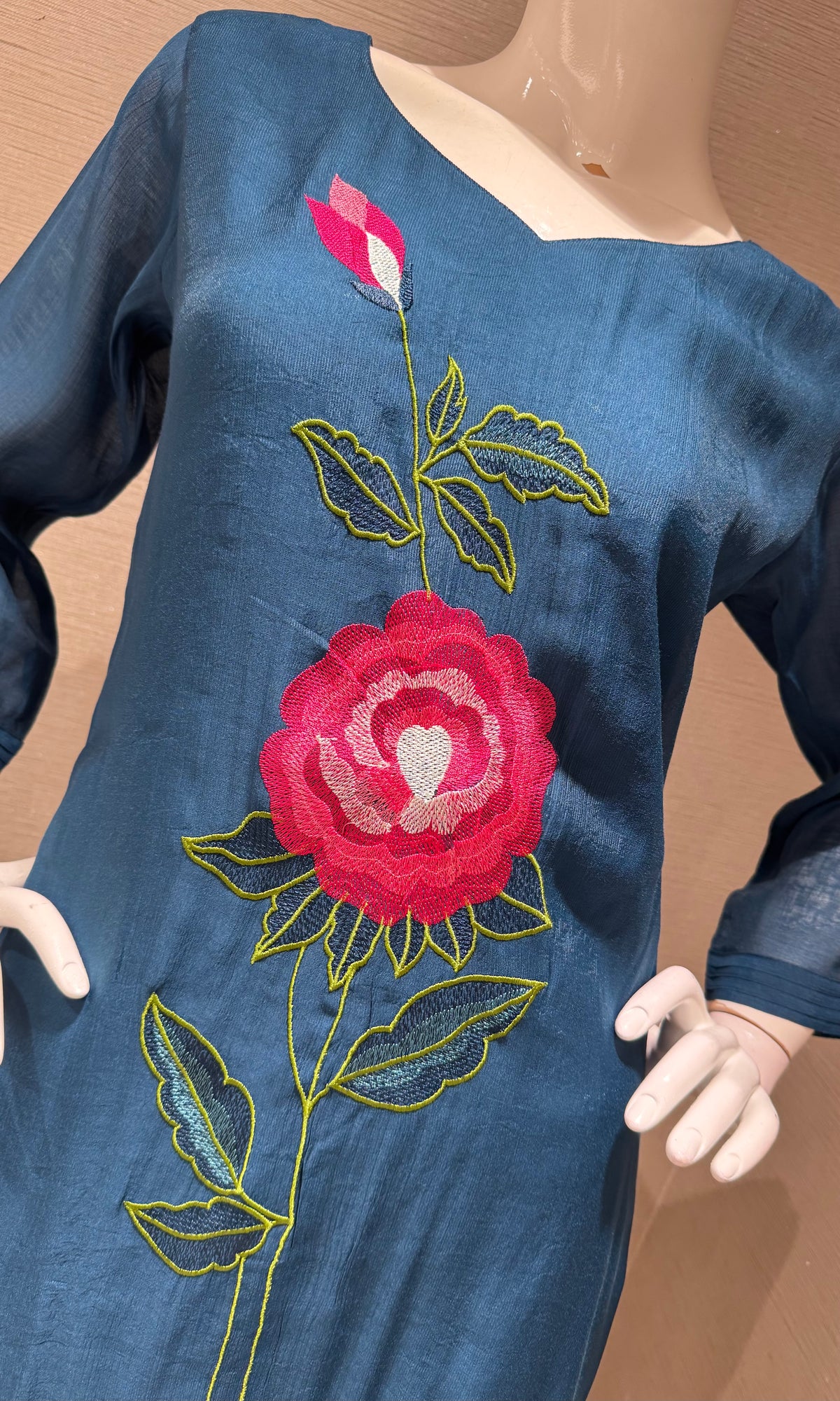 Navy blue cotton rose floral embroidery kurta set with dupatta