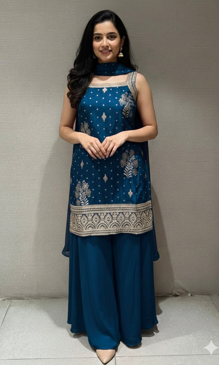 BLUE GOLD EMBROIDERED SHARARA SET