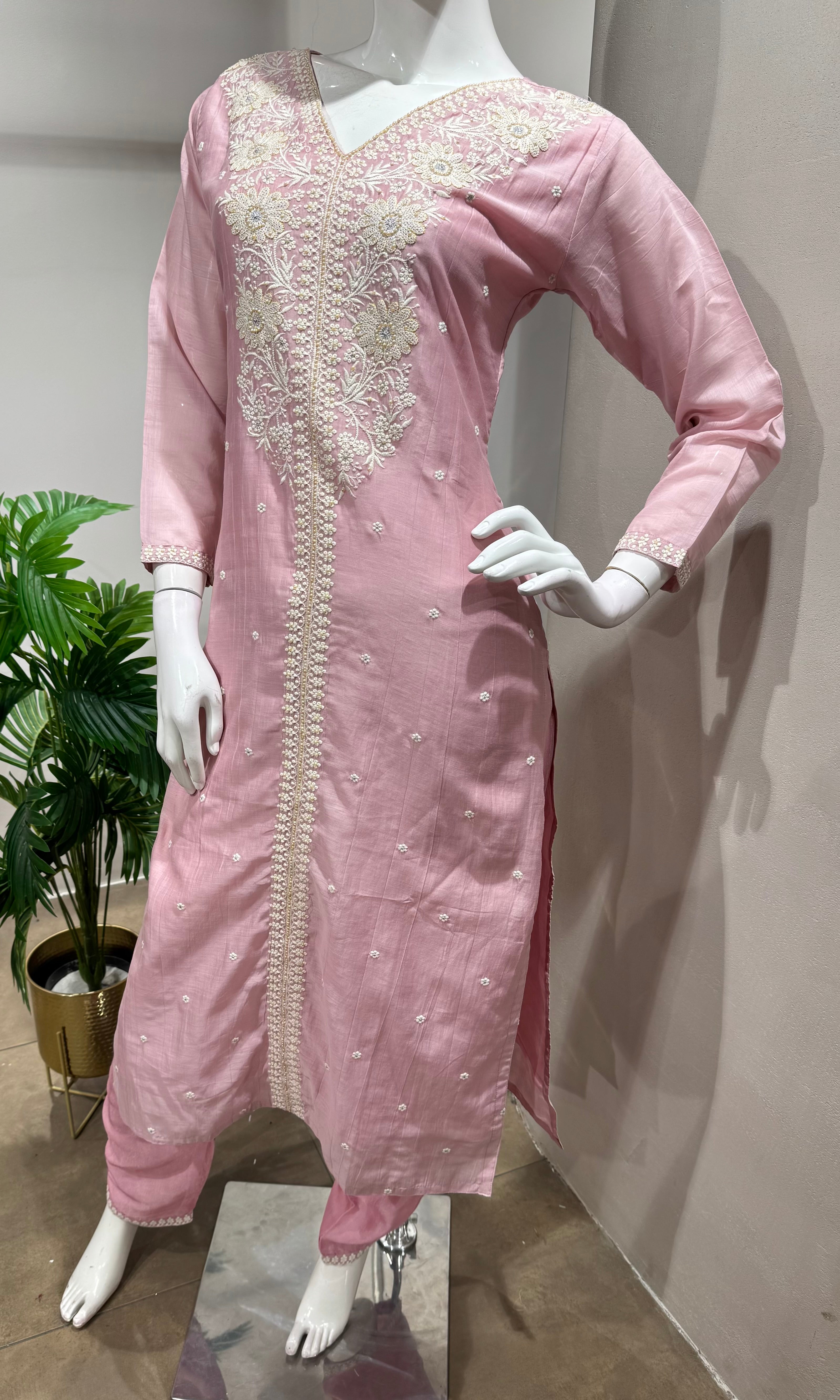 BABY Pink Chanderi Kurta with Floral Cut