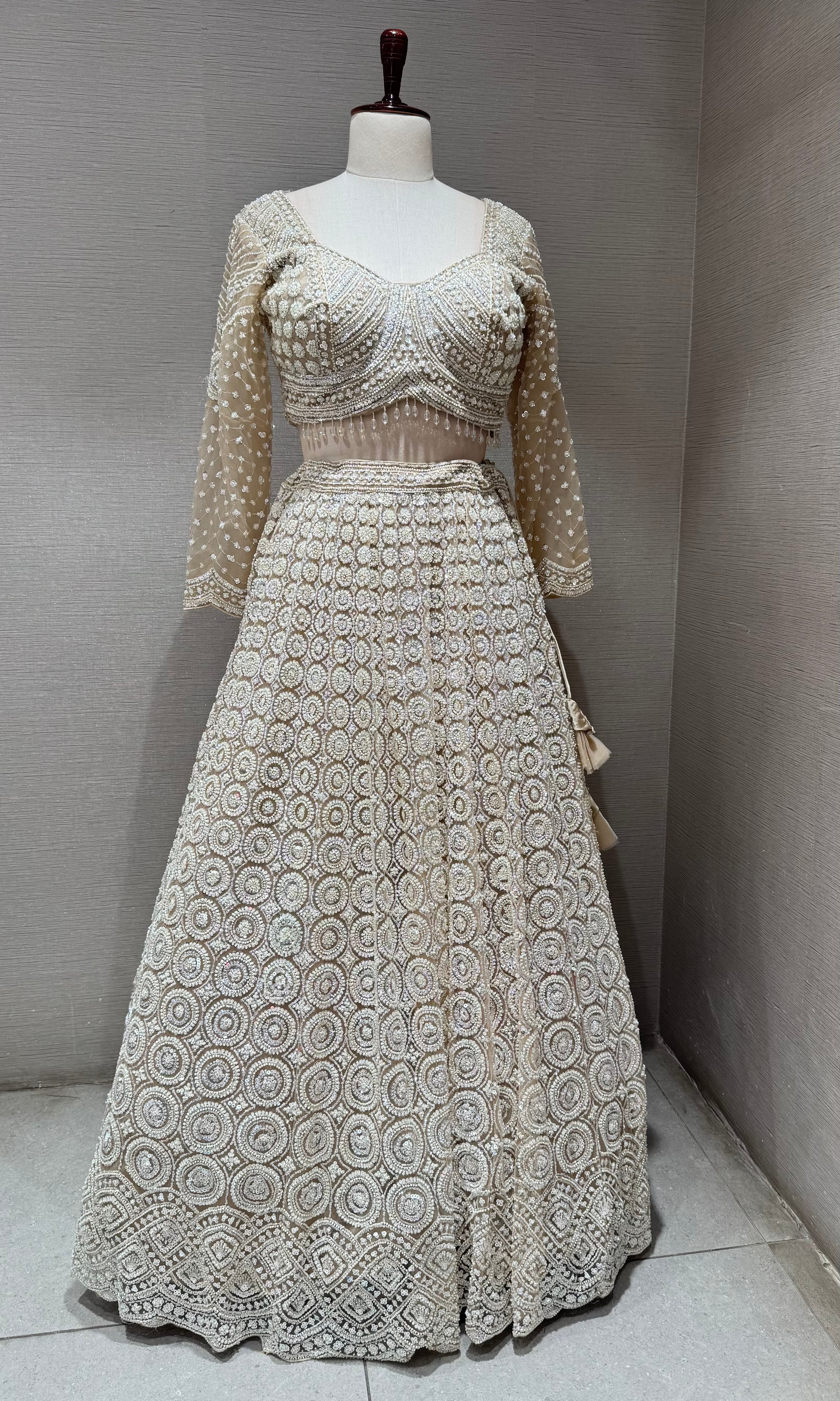 Beige Sequins and Beads Heavy Embroidered Lehenga