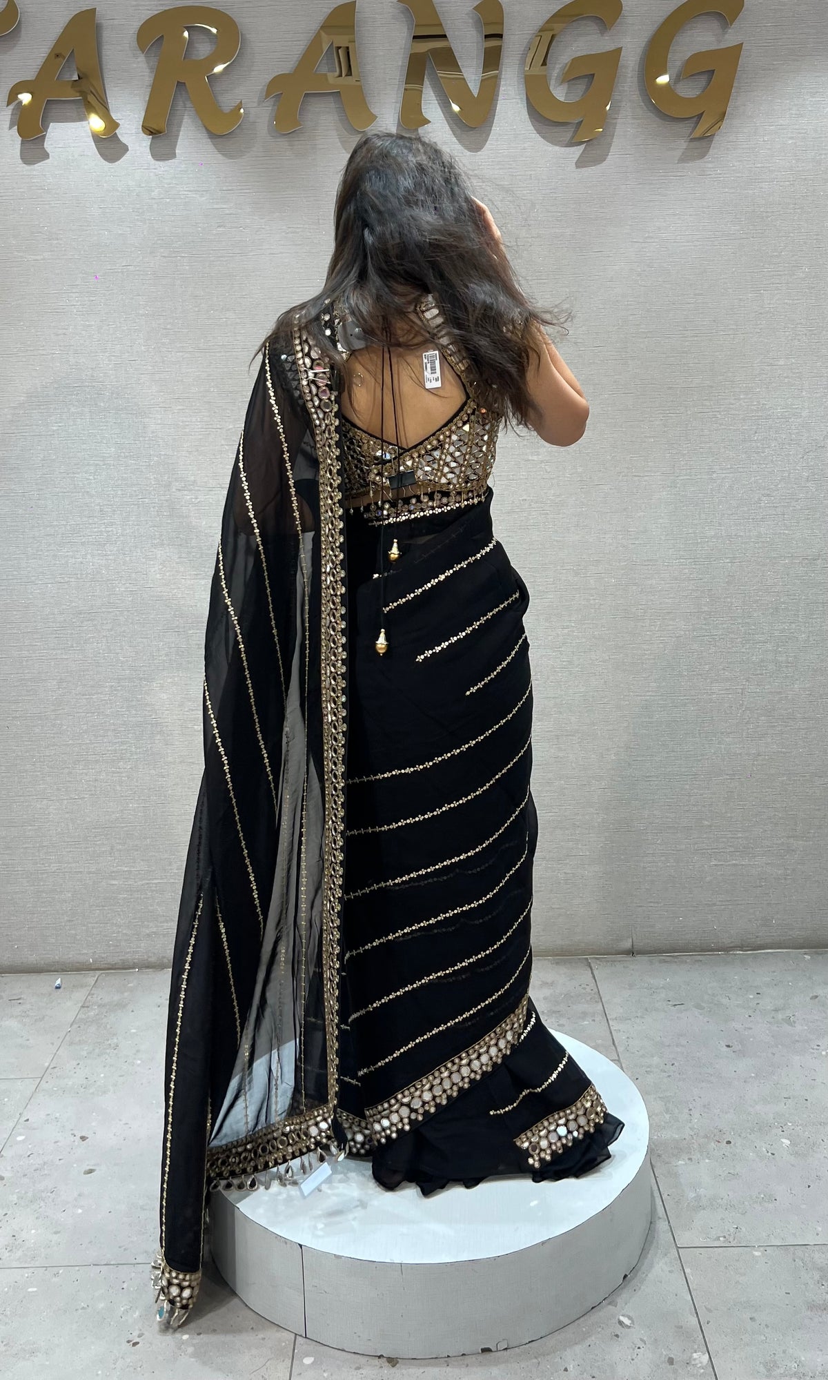 Black Georgette Saree with Golden Zari & Mirror Embroidery