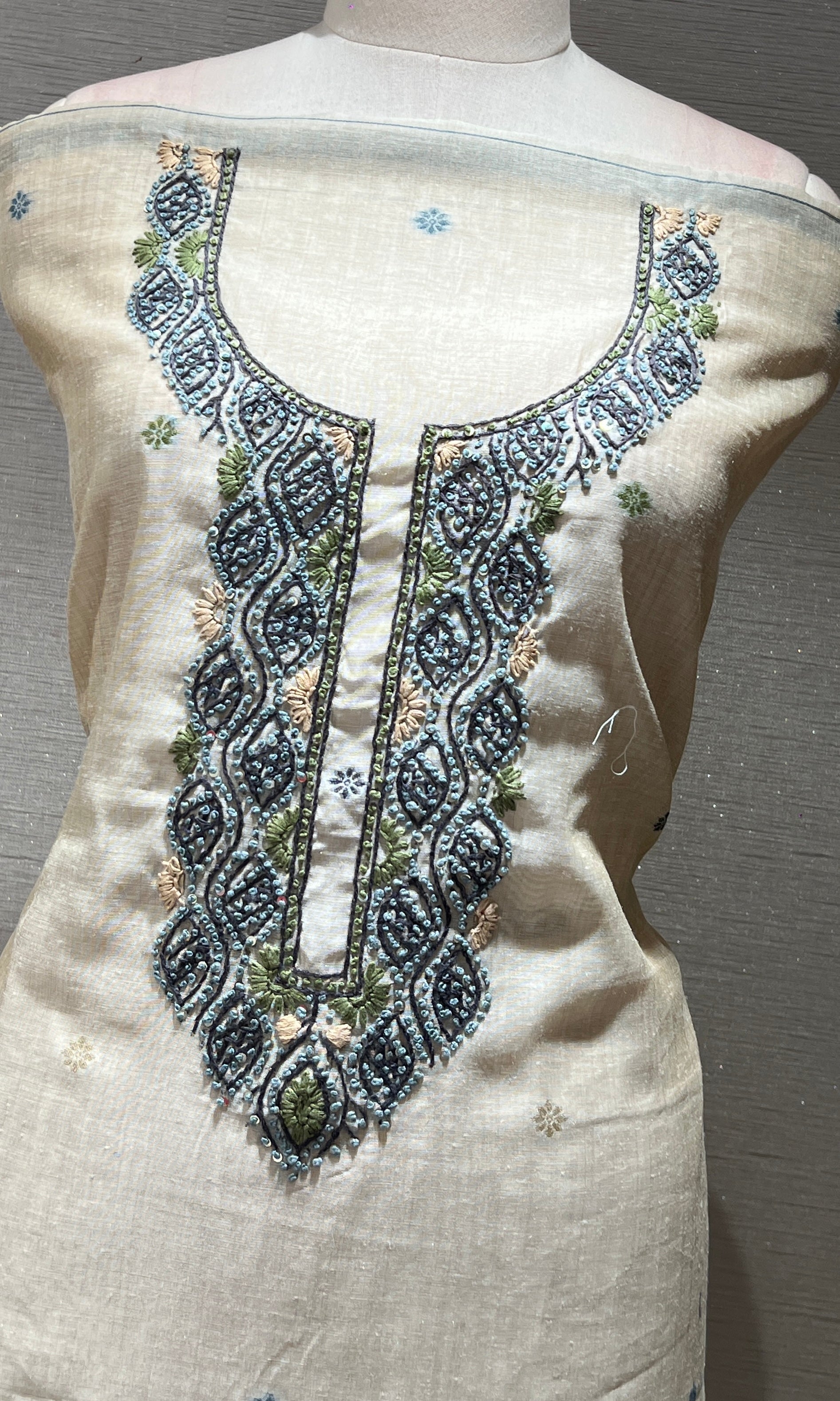 CREAM Blue EMBROIDERED dress material