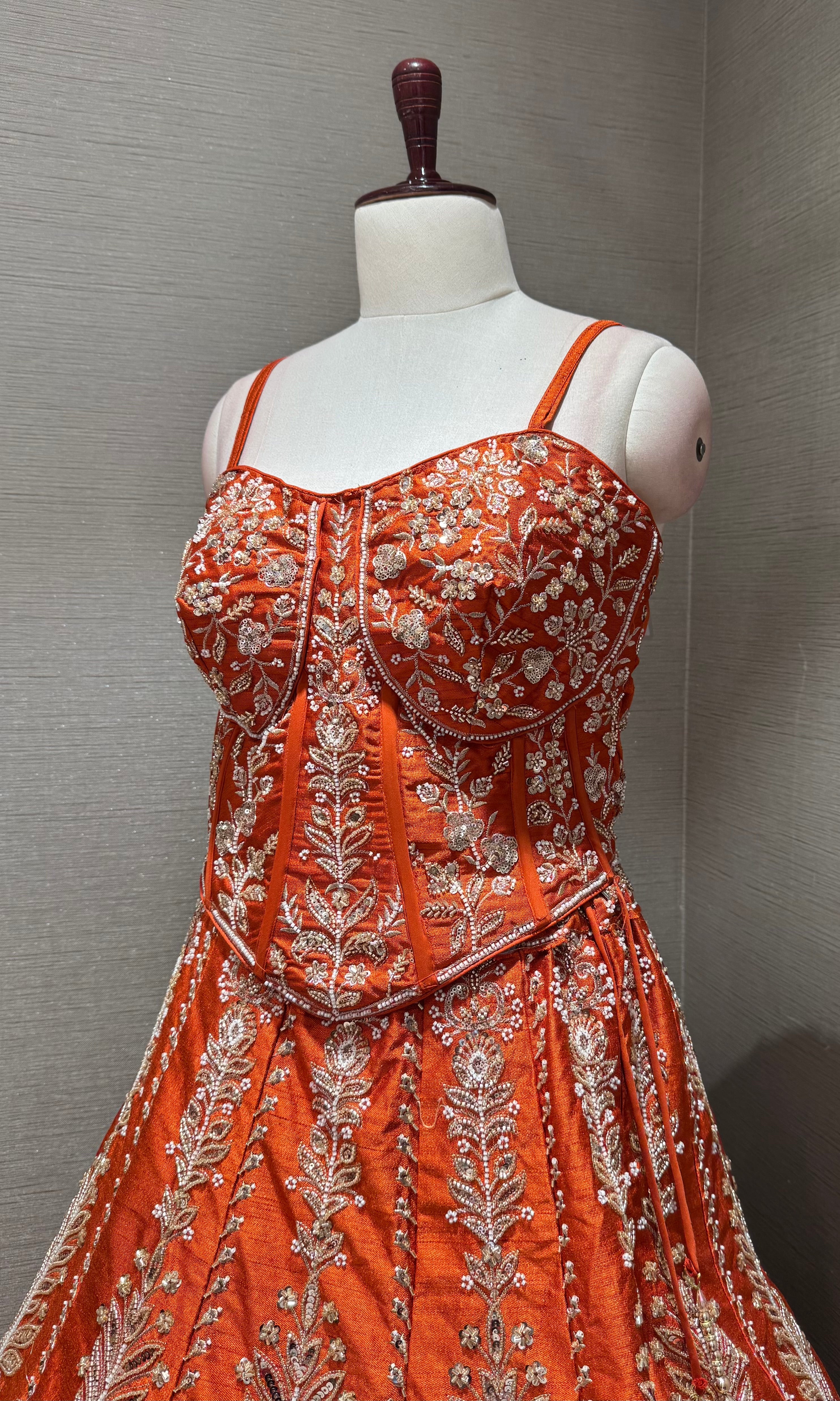 Orange Embroidered Peplum crop top Lehenga Set