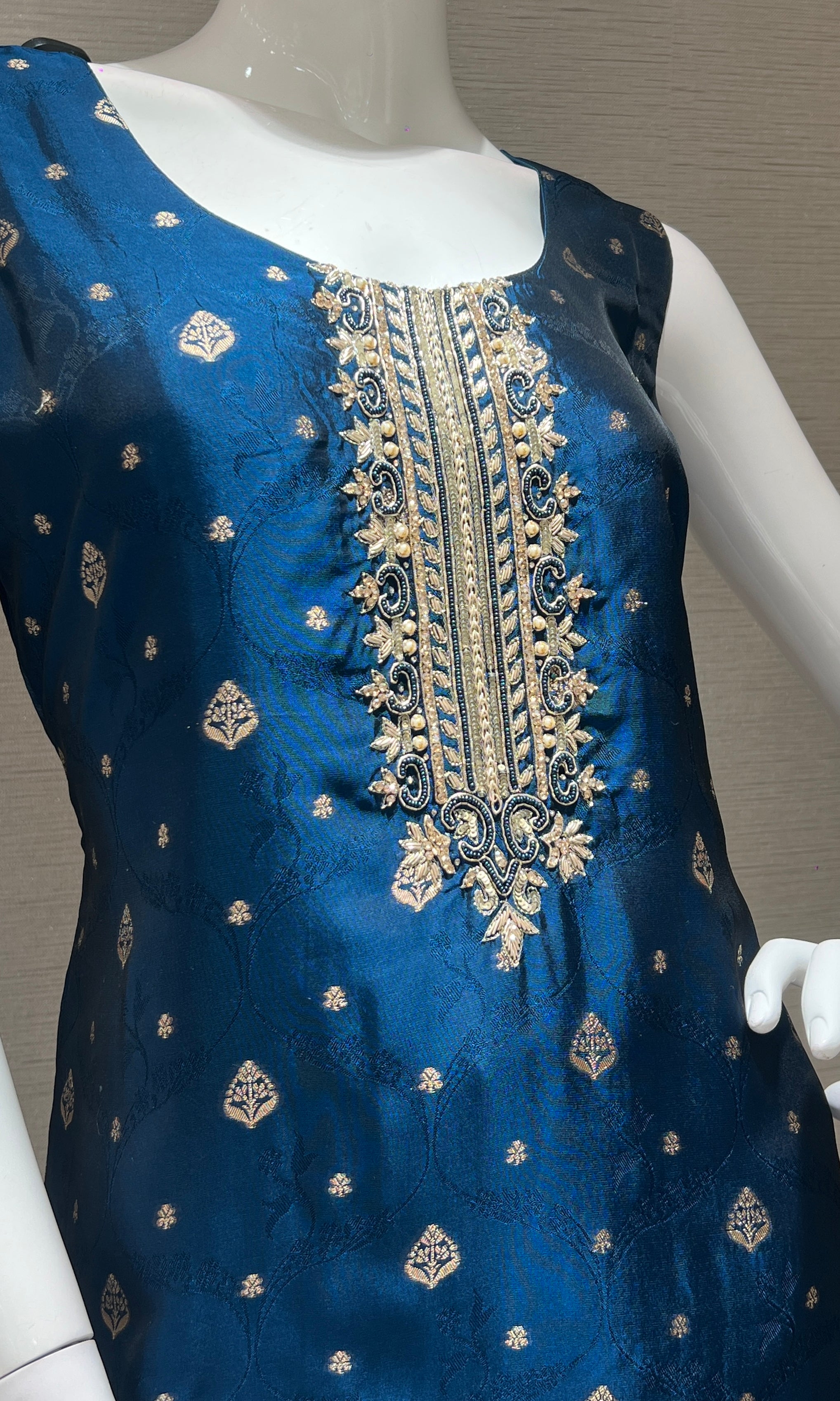 navy blue gold print embroidery kurta set