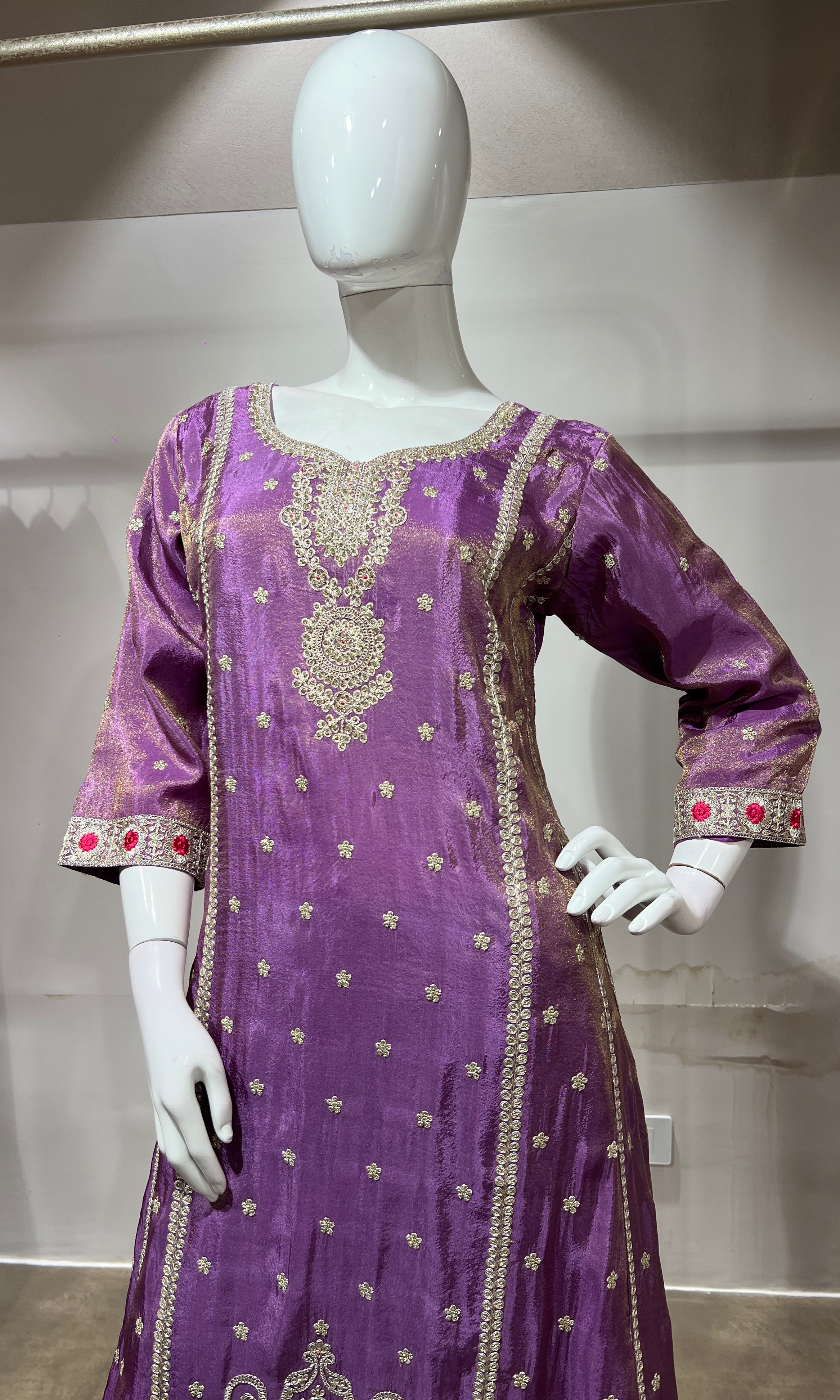 Lilac Silk Embroidered Kurta Suit with Dupatta