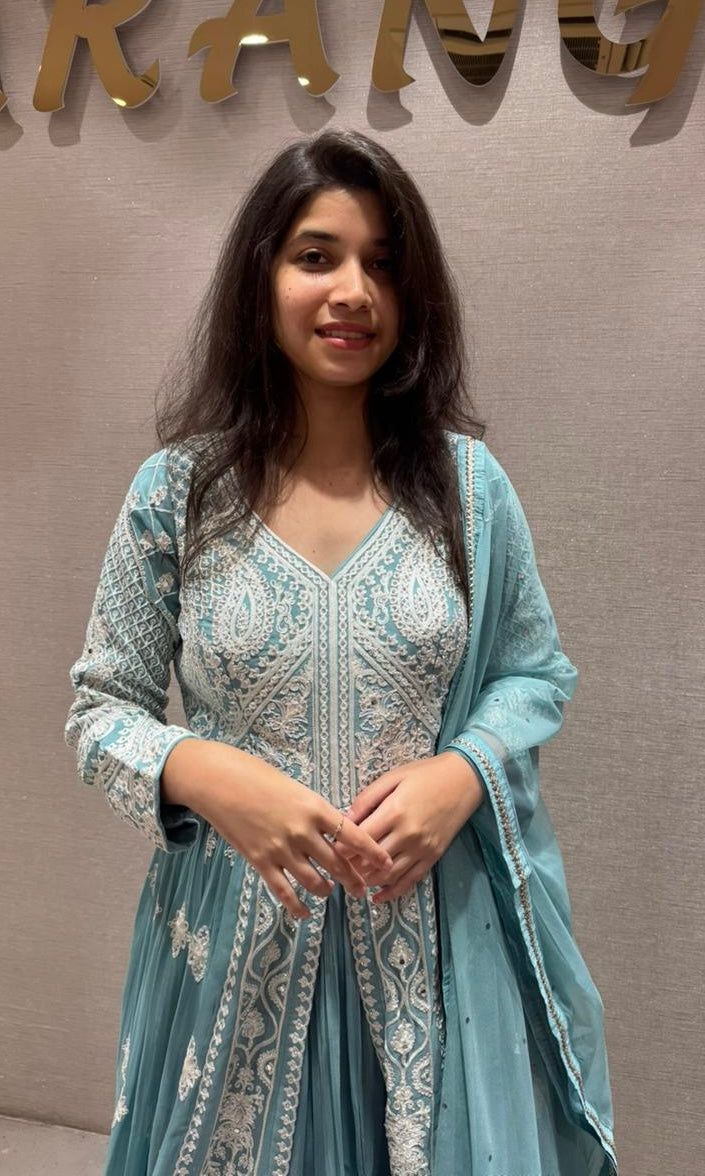 Azure Mist Chikankari Anarkali kurta Set