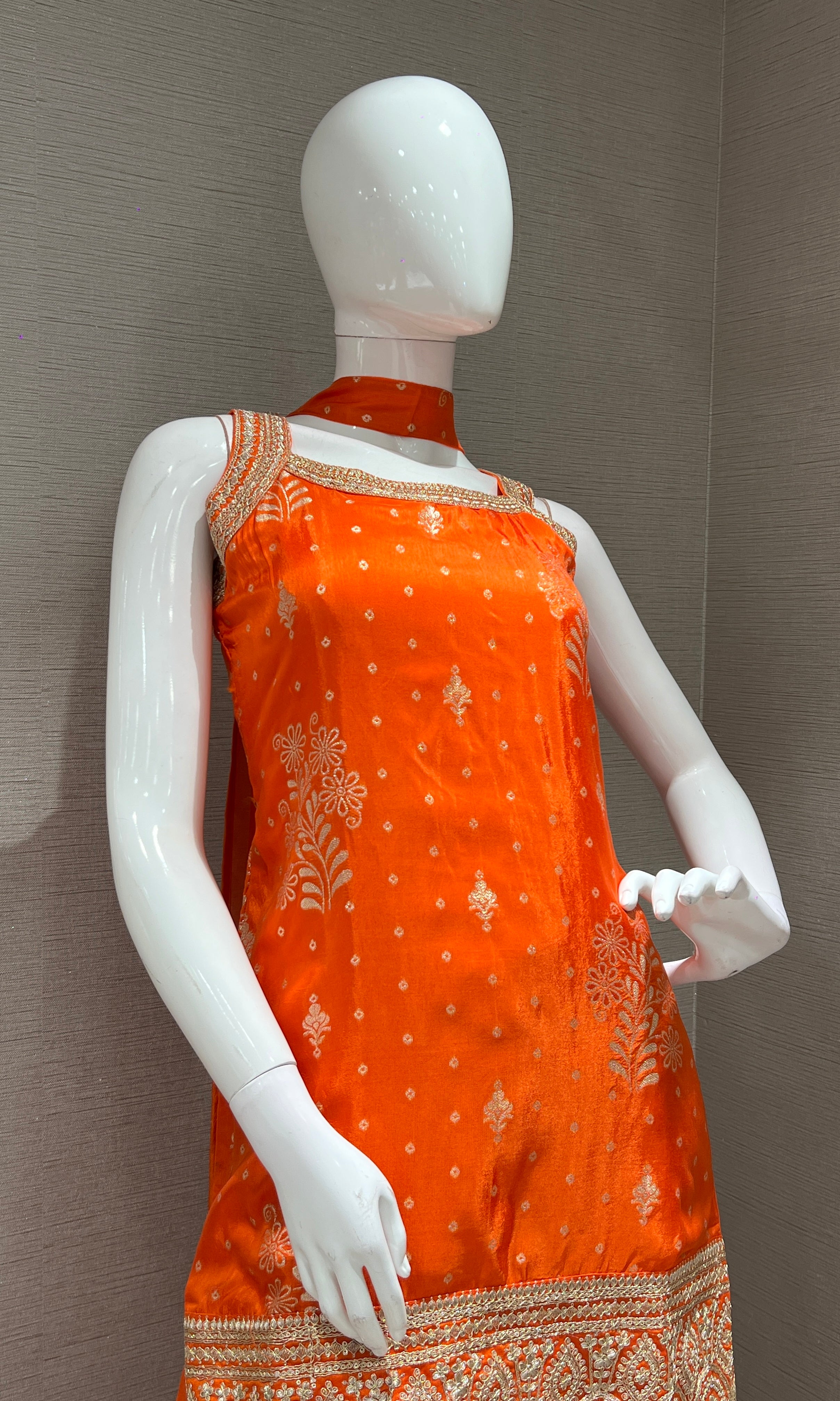 ORANGE GOLD EMBROIDERED SHARARA SET