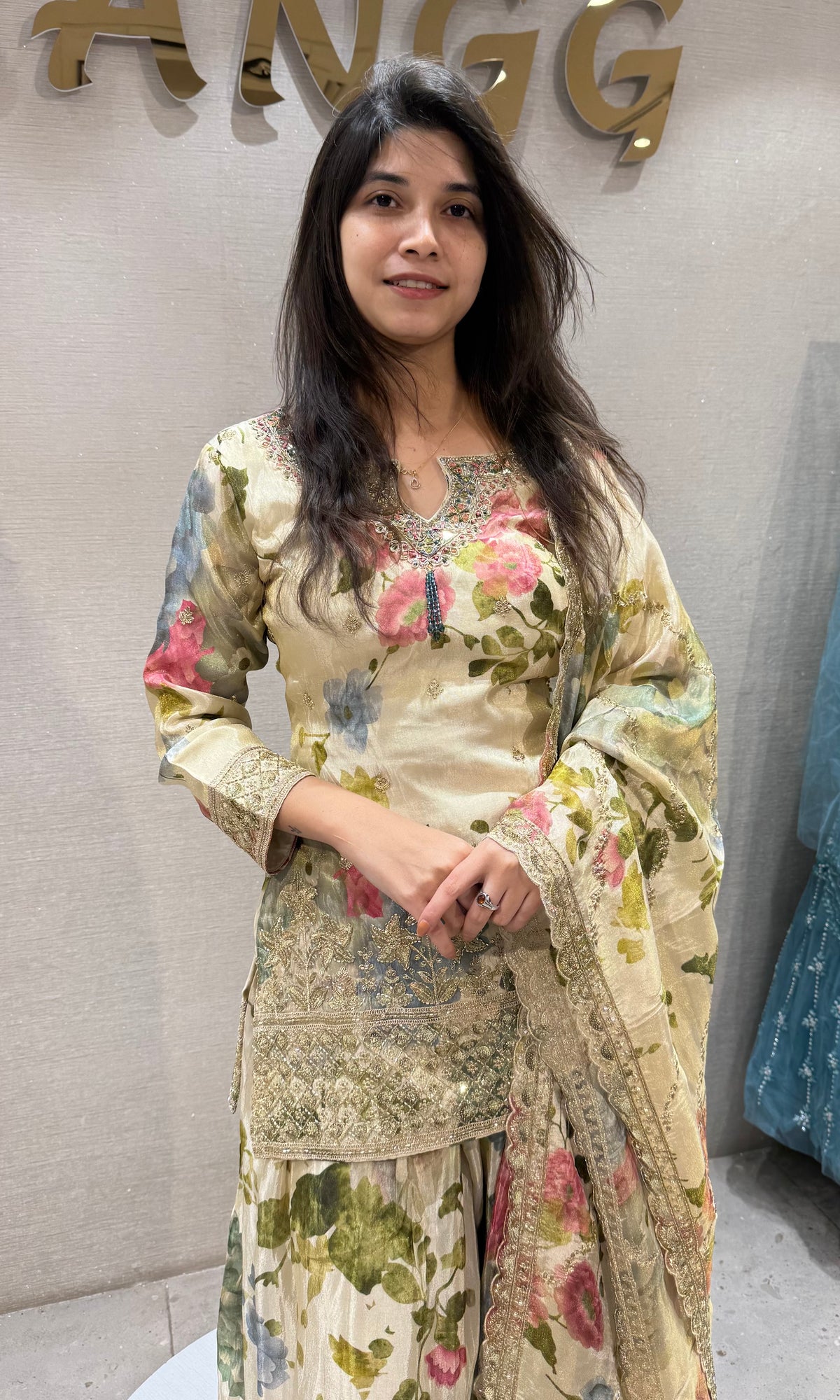 cream silk organza Floral Printed palazzo Set with dupatta