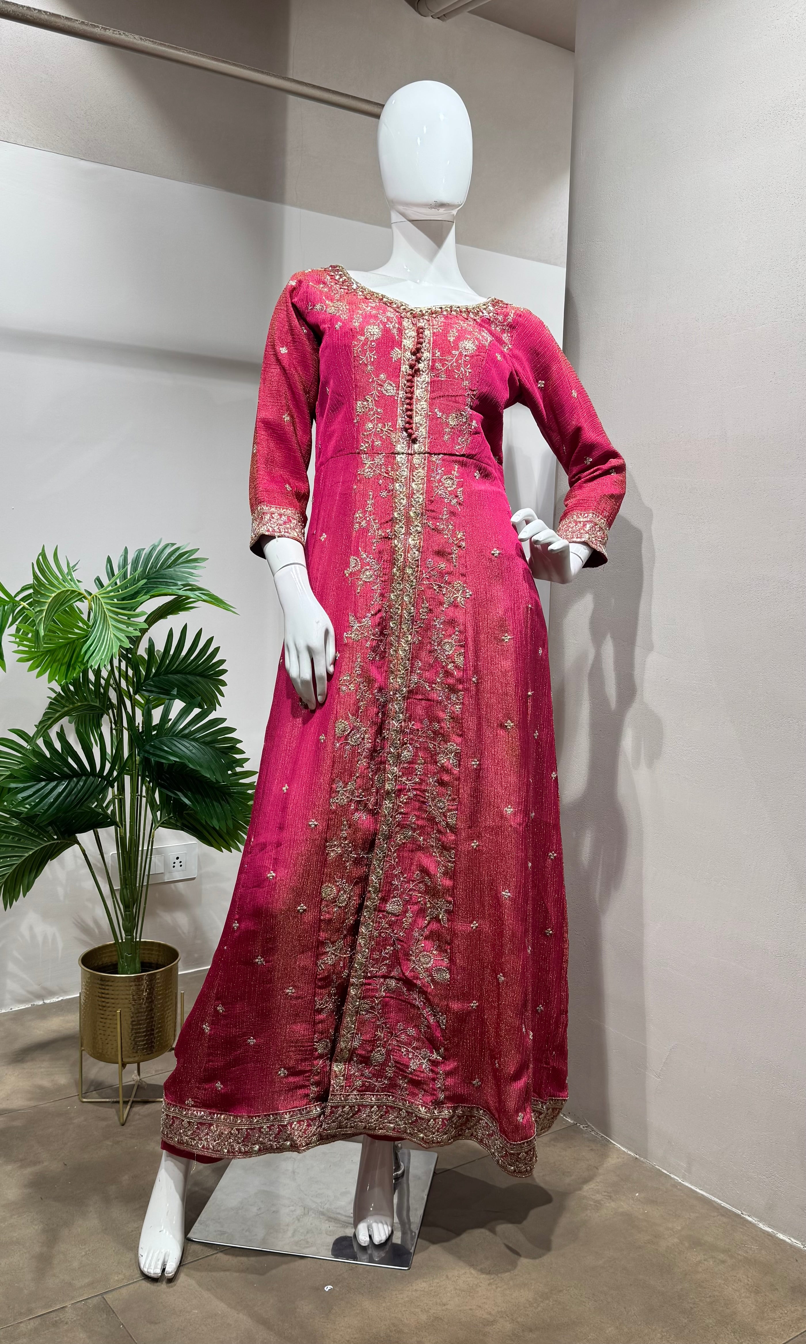 Pink Gold Embroidery Front-Slit Anarkali Set