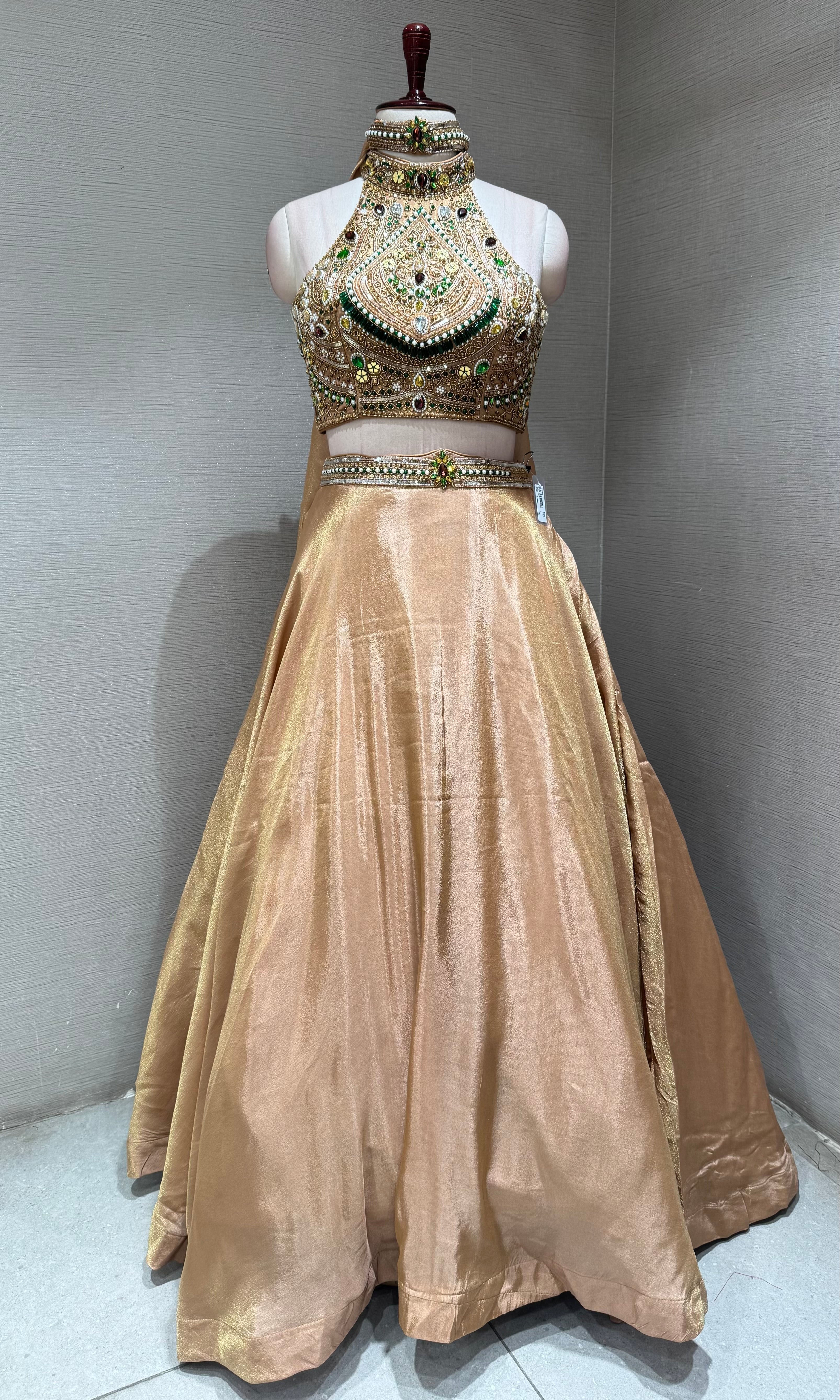 Golden Halter Jeweled Neck Embellished Lehenga Set