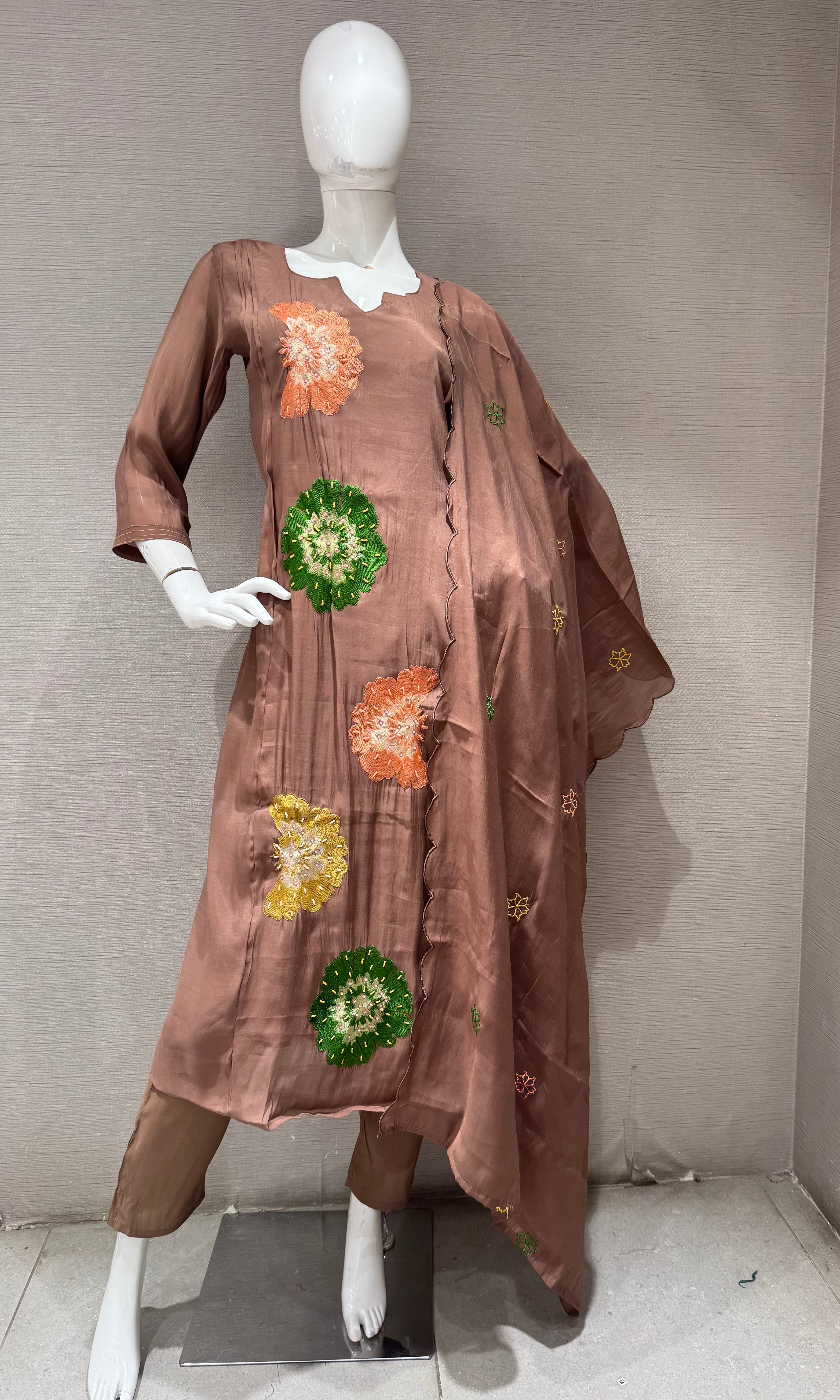 Light Brown cotton silk Floral Motif Kurta set with dupatta