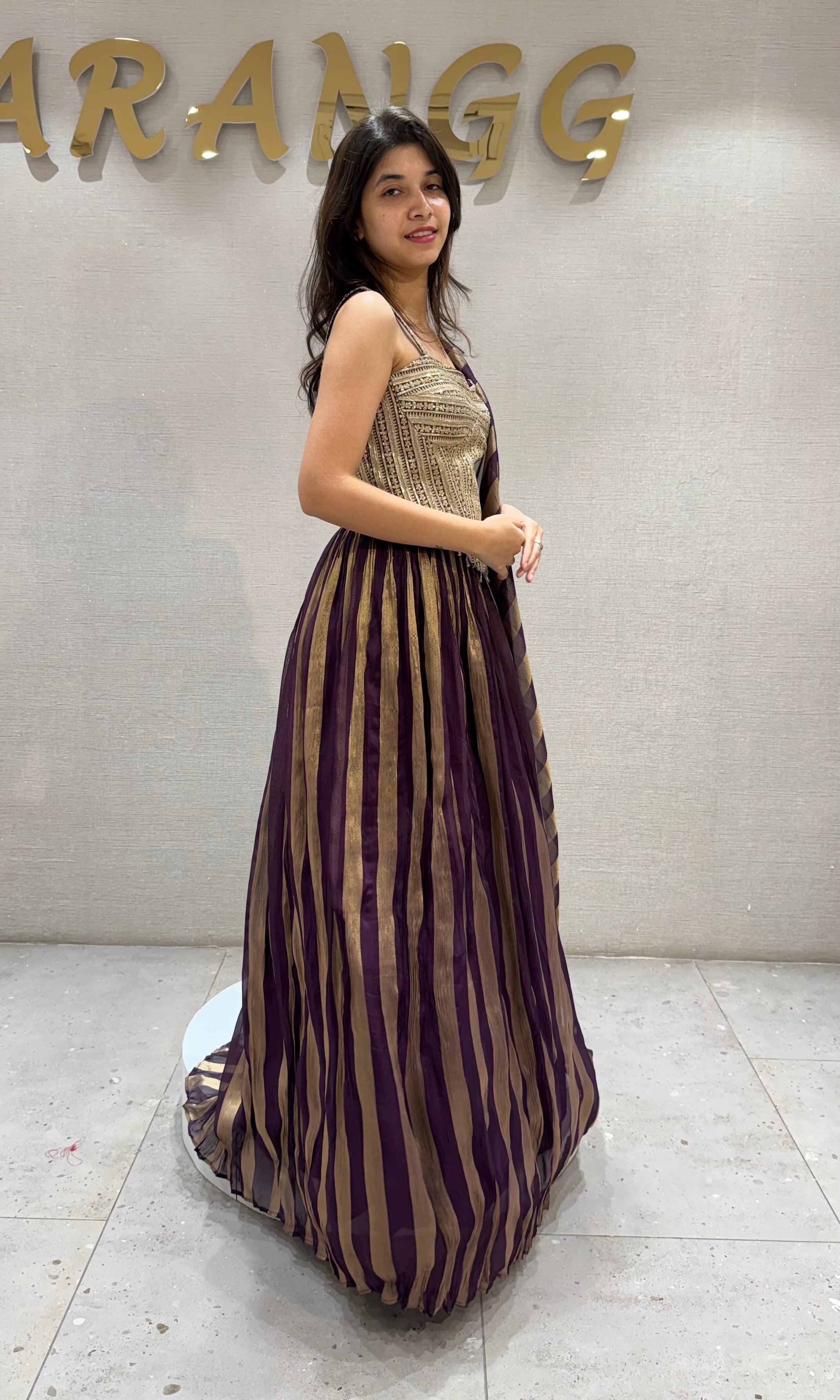 Wine & Gold Striped Corset Lehenga Set