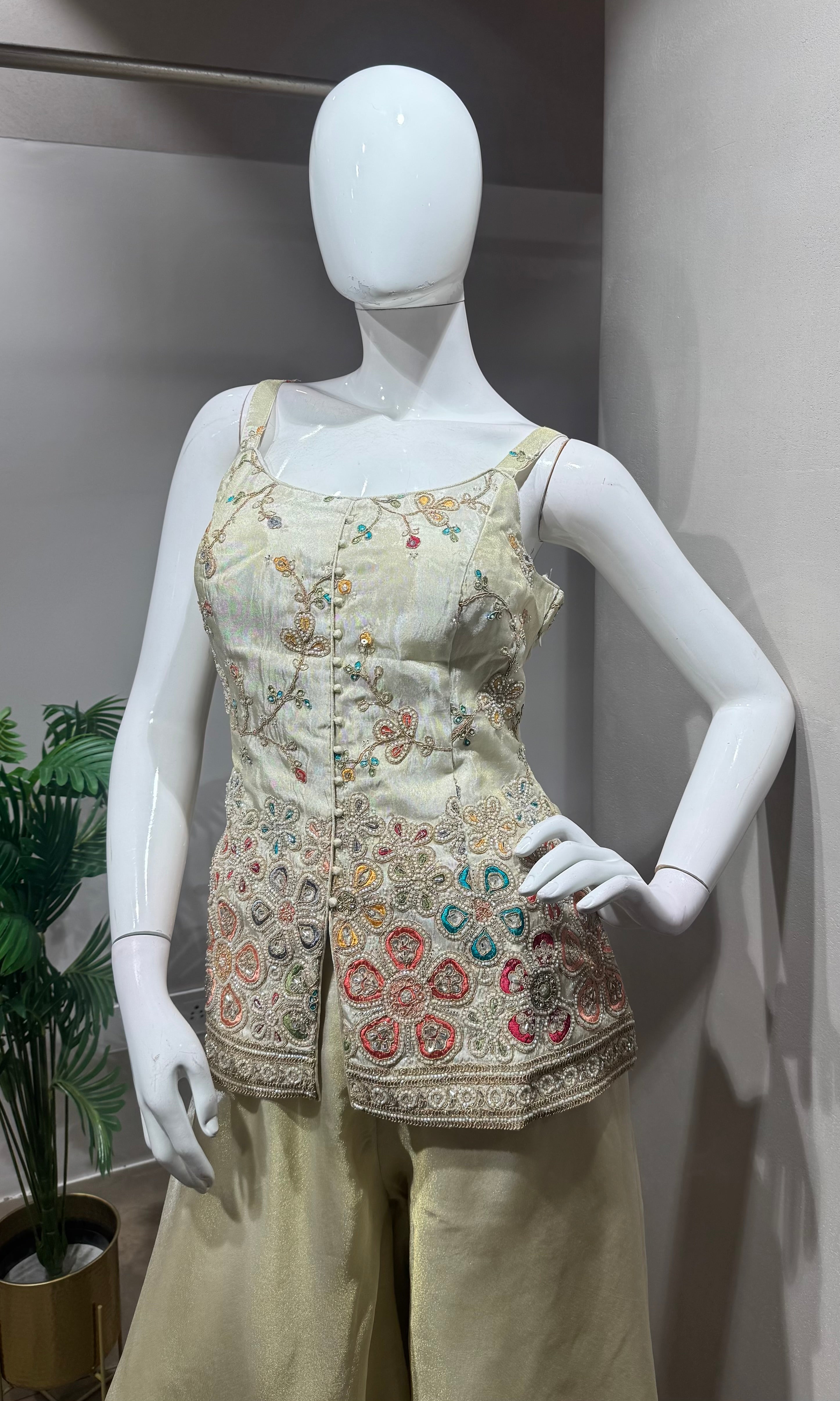 Cream Floral Embroidered Palazzo Set