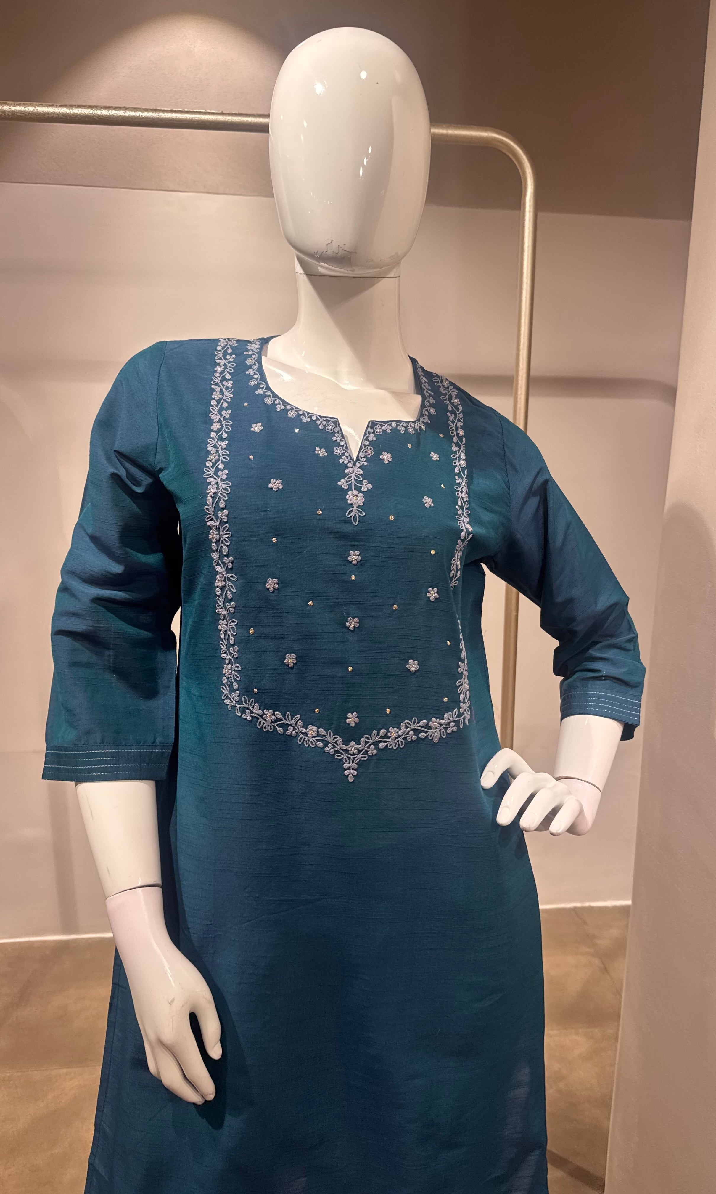 Blue Embroidered Straight Kurta Pant & Dupatta Set