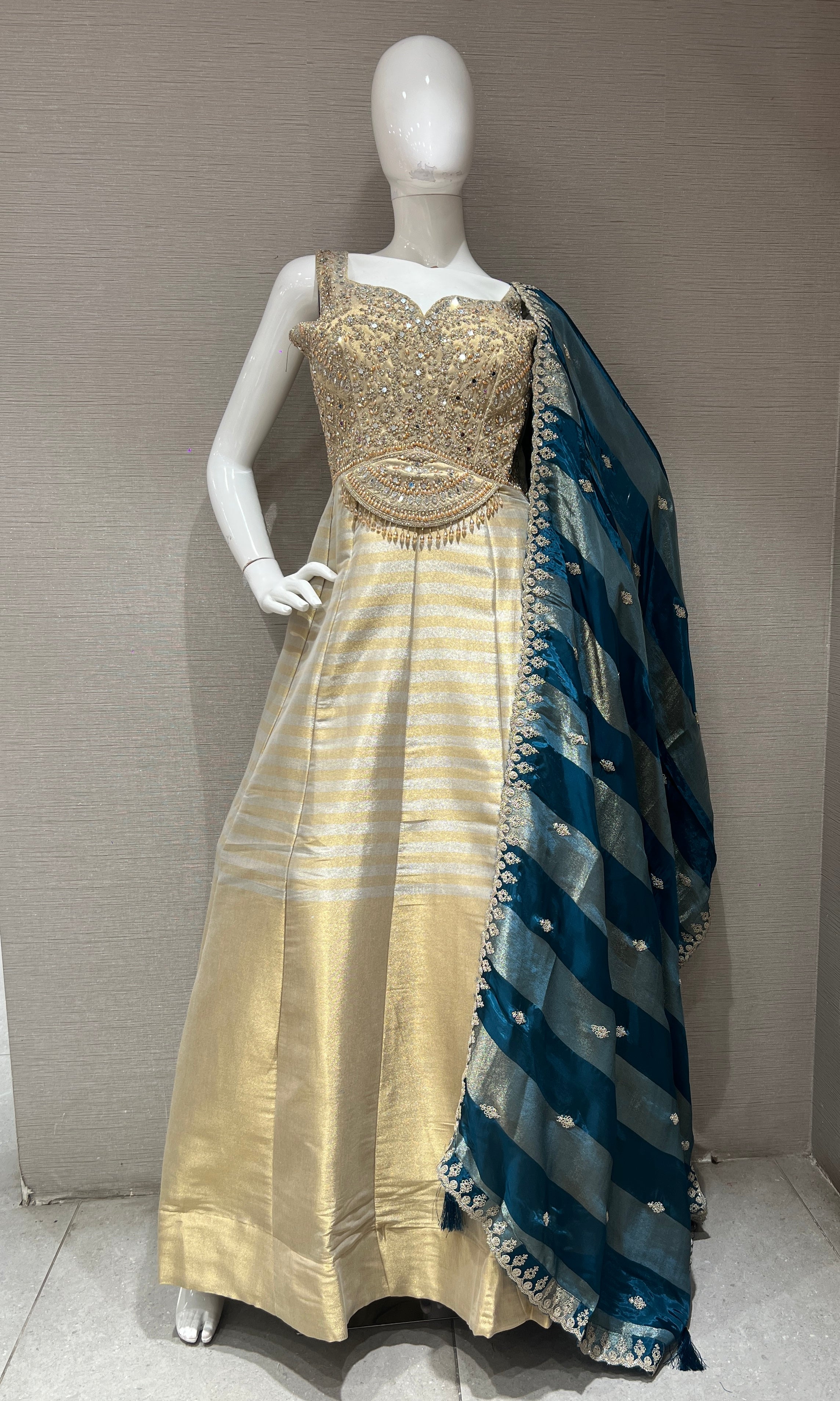 Blue and Gold Striped Anarkali Set with dupatta