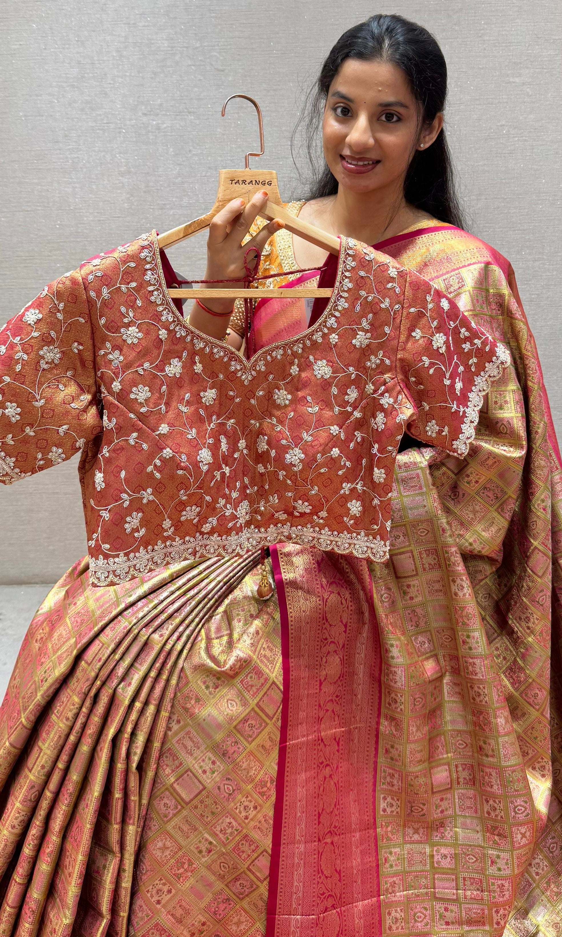 Pink saree with ready blouse