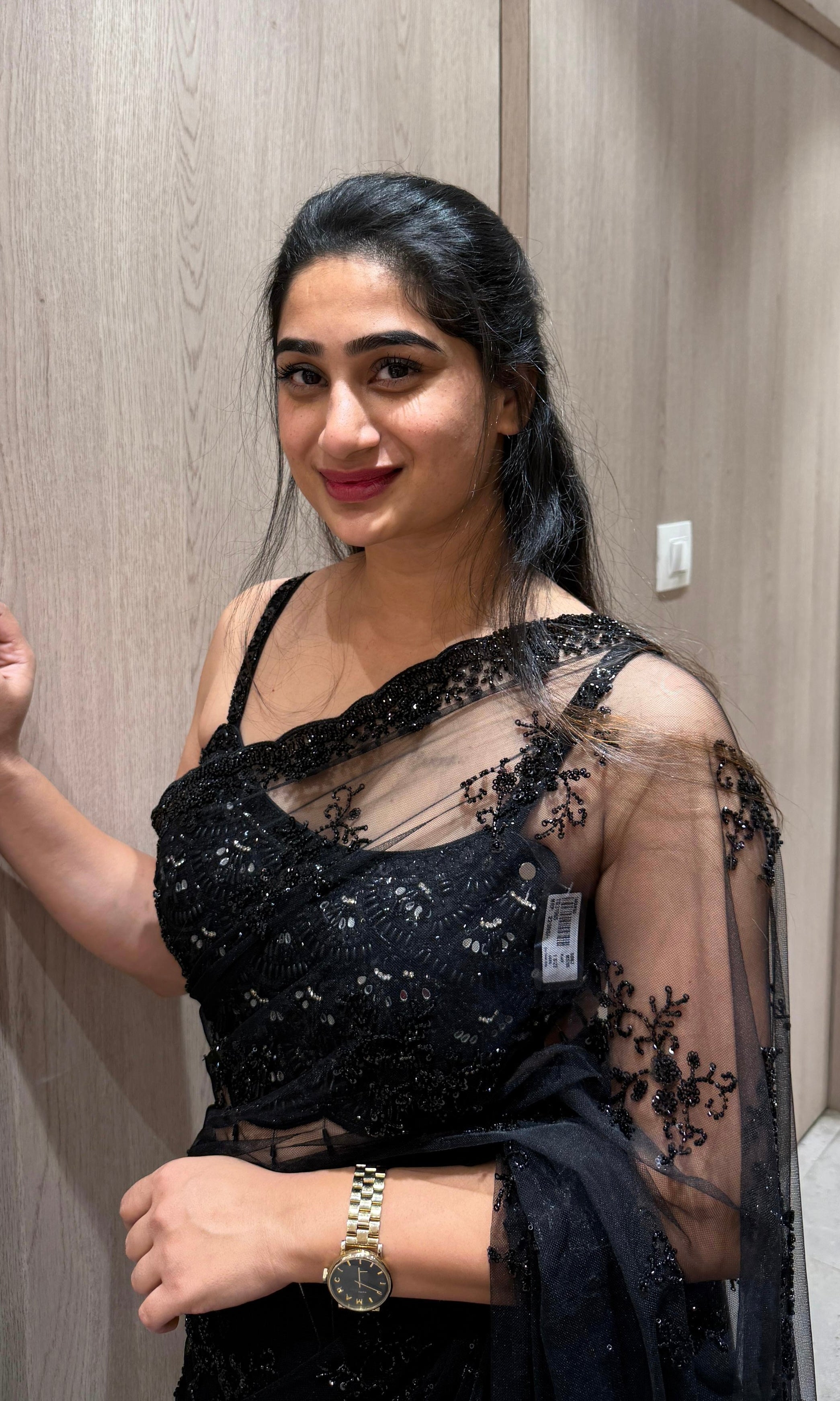 BLACK Embellished Saree WITH READY BLOUSE