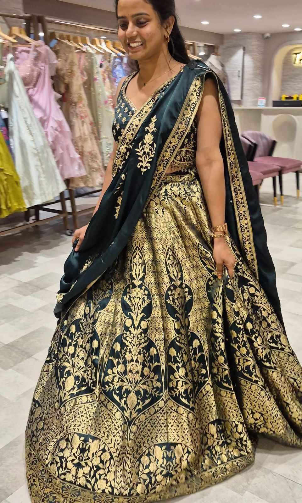 Emerald Green Lehenga with Gold Weaves