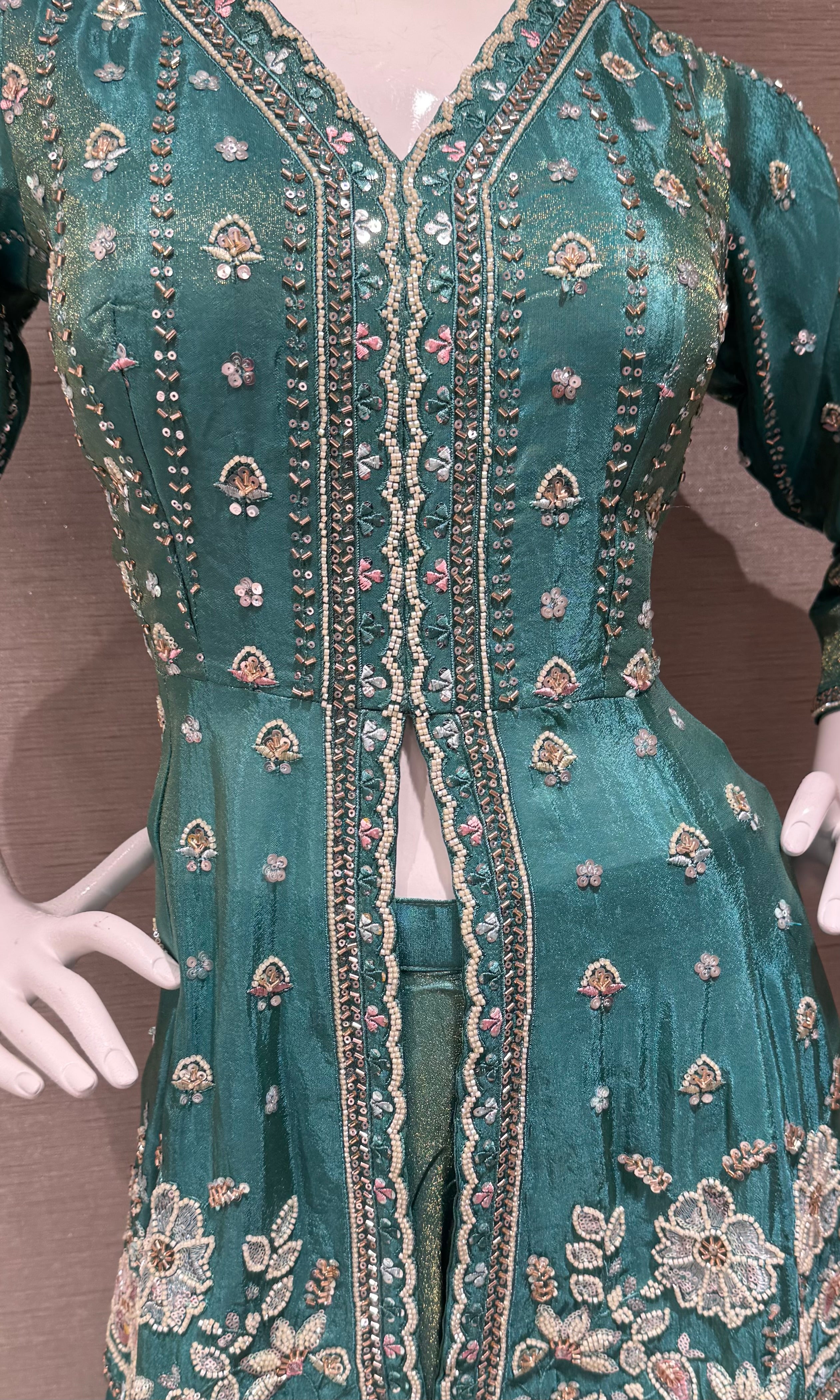 Sea green front slit embroidered peplum palazzo set