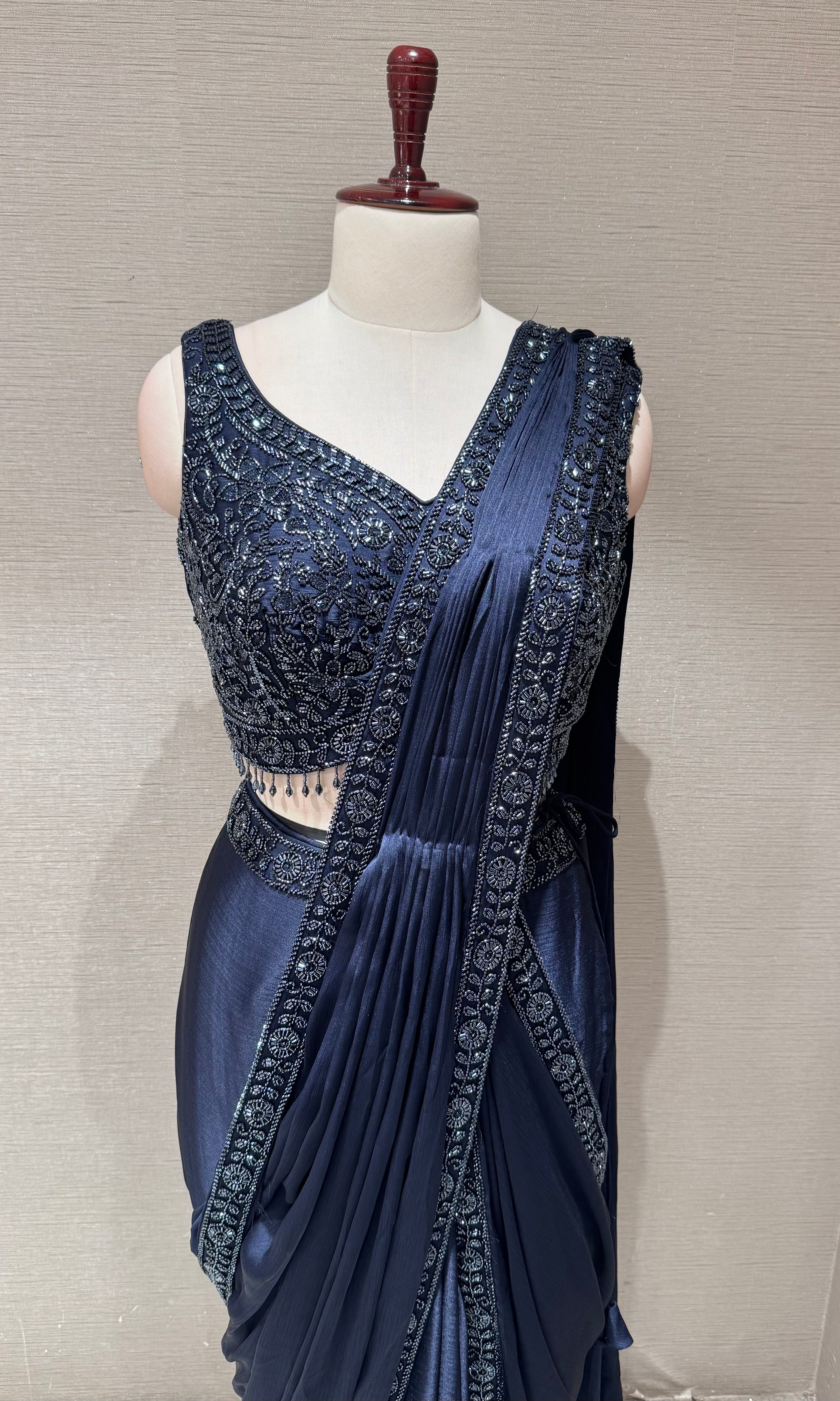 Navy Blue Embellished Draped Saree with Ethnic Blouse