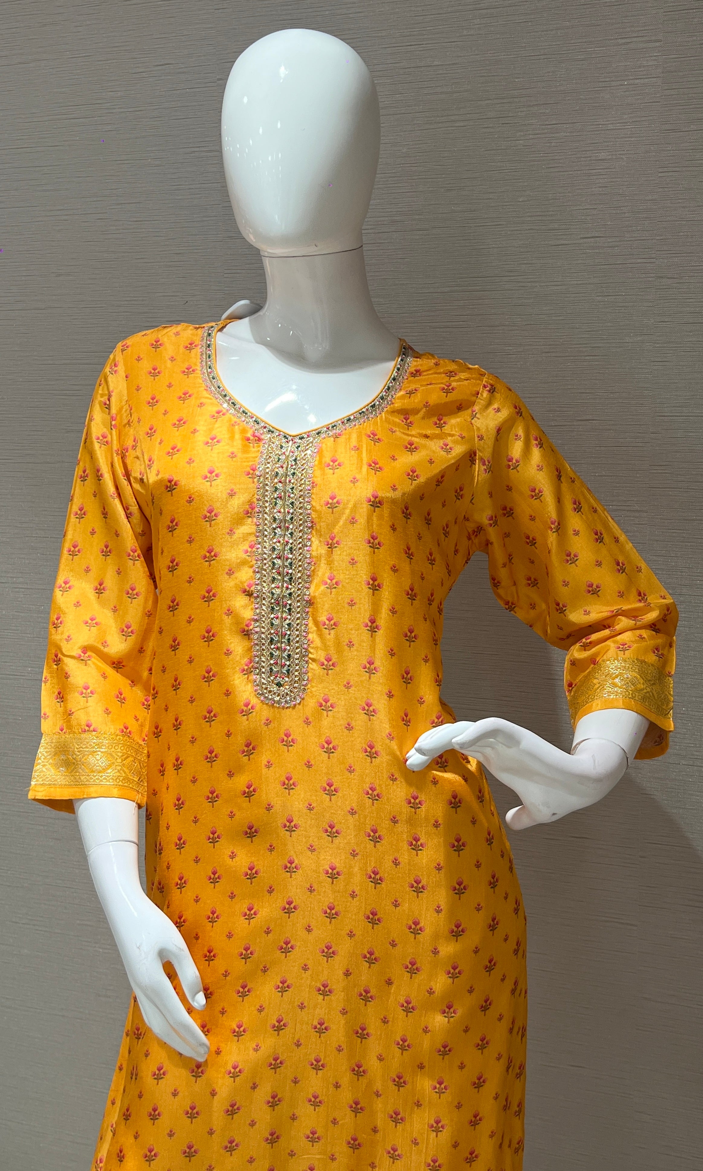 yellow embroidered printed kurta set