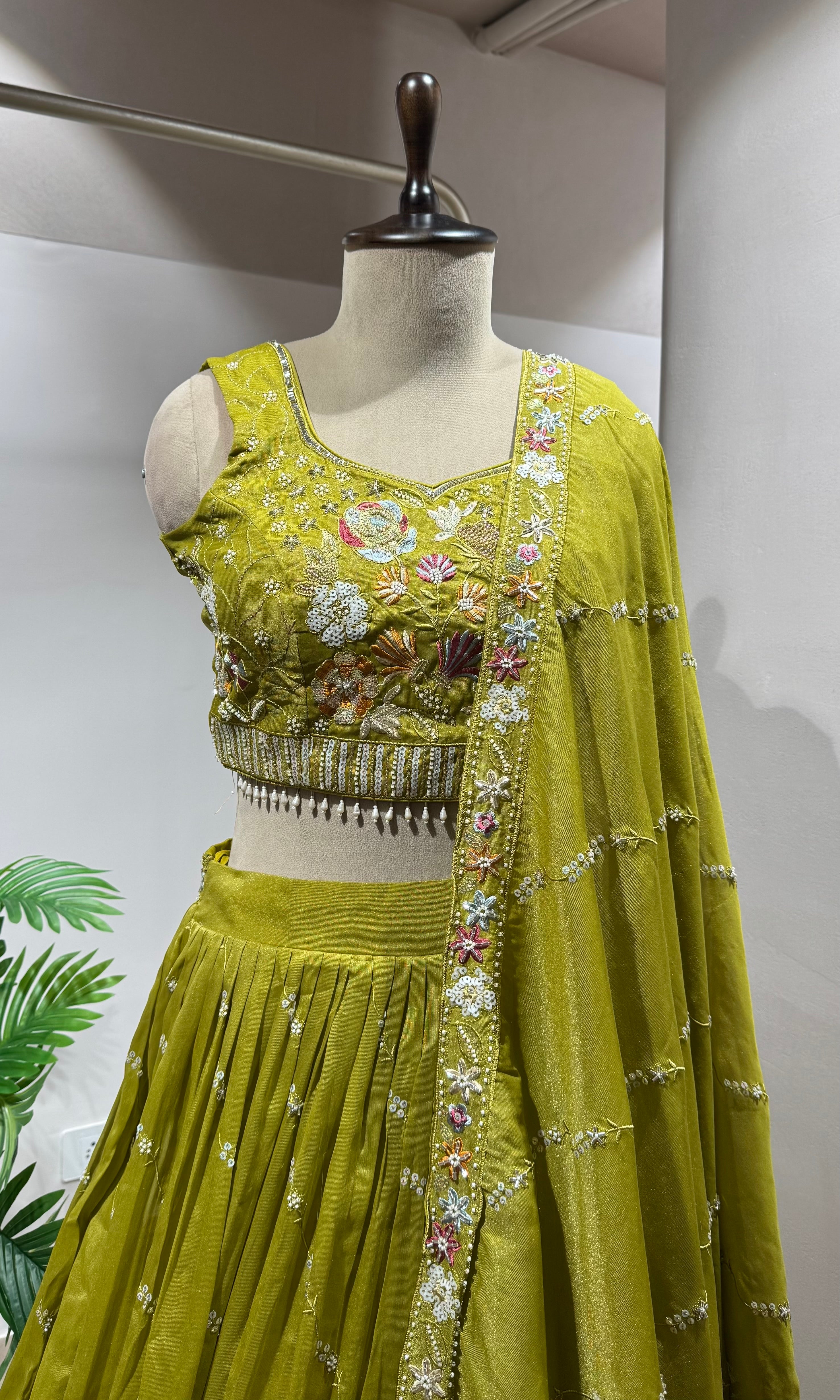 GREEN FLORAL EMBROIDERED LEHENGA
