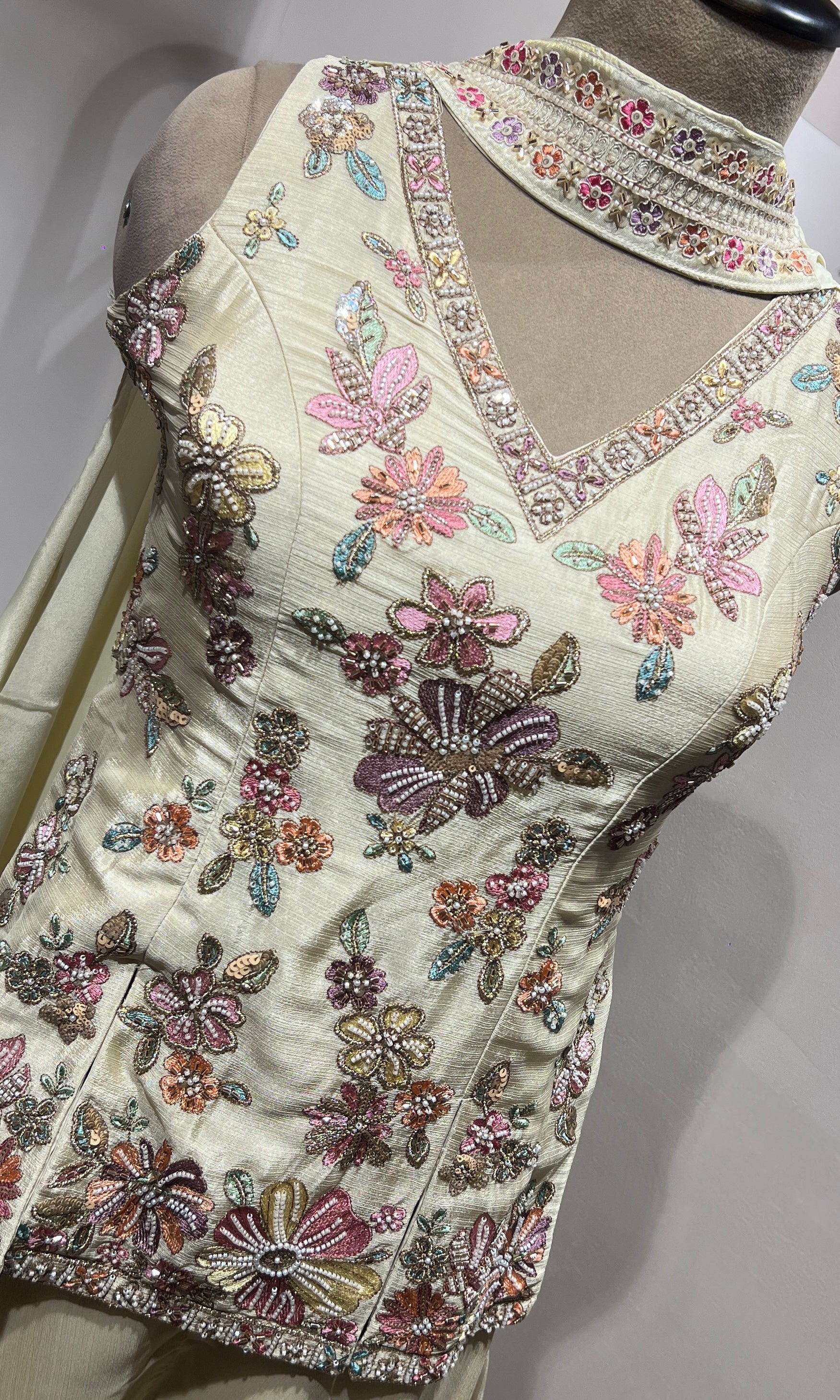 Cream Floral Embroidered Palazzo Suit