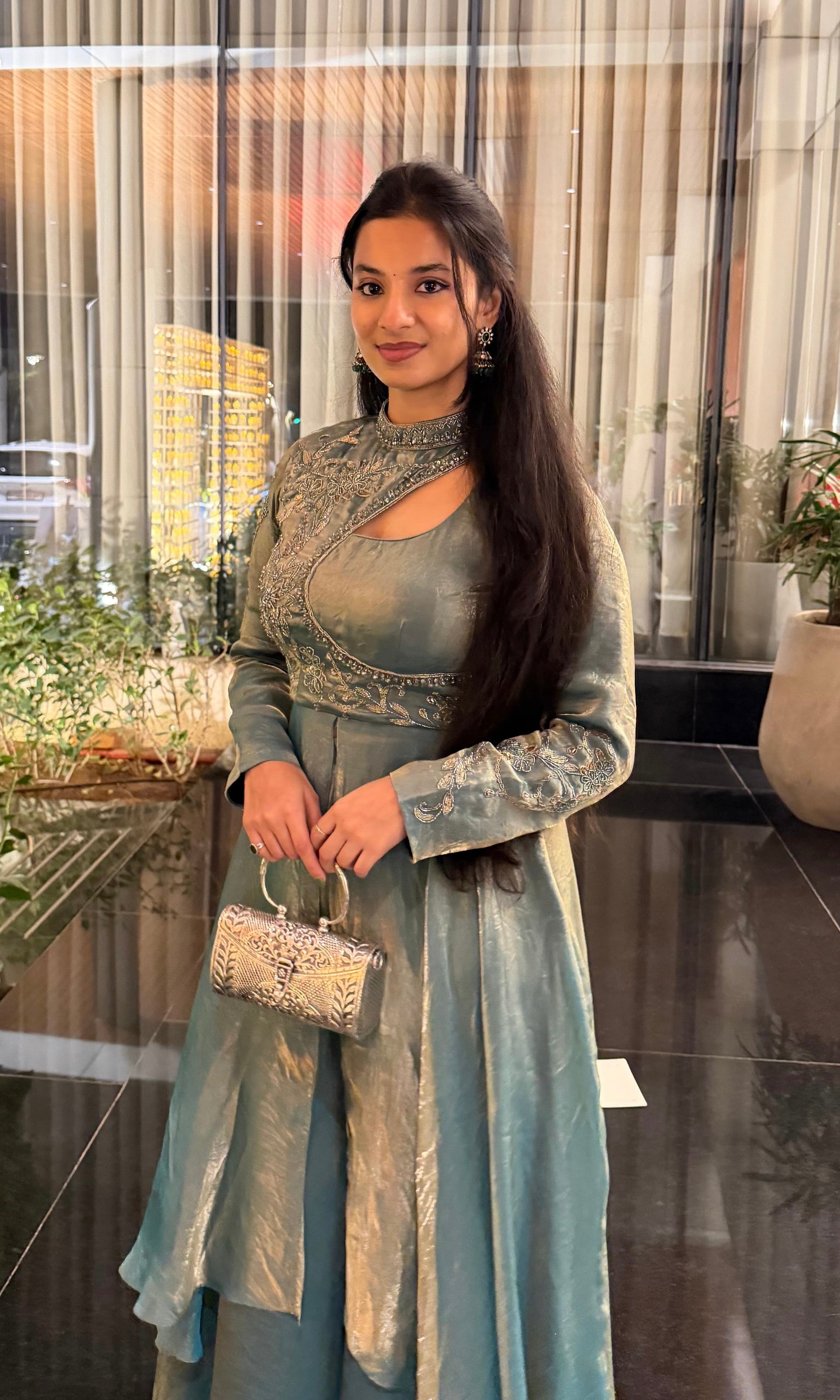 Sea green ANARKALI WITH NECK DESIGN