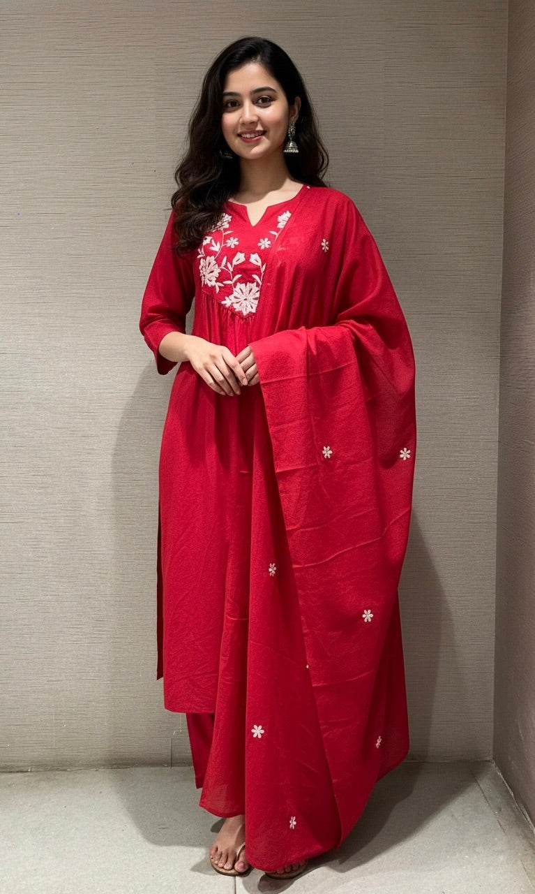 RED FLORAL mul chanderi kurta set