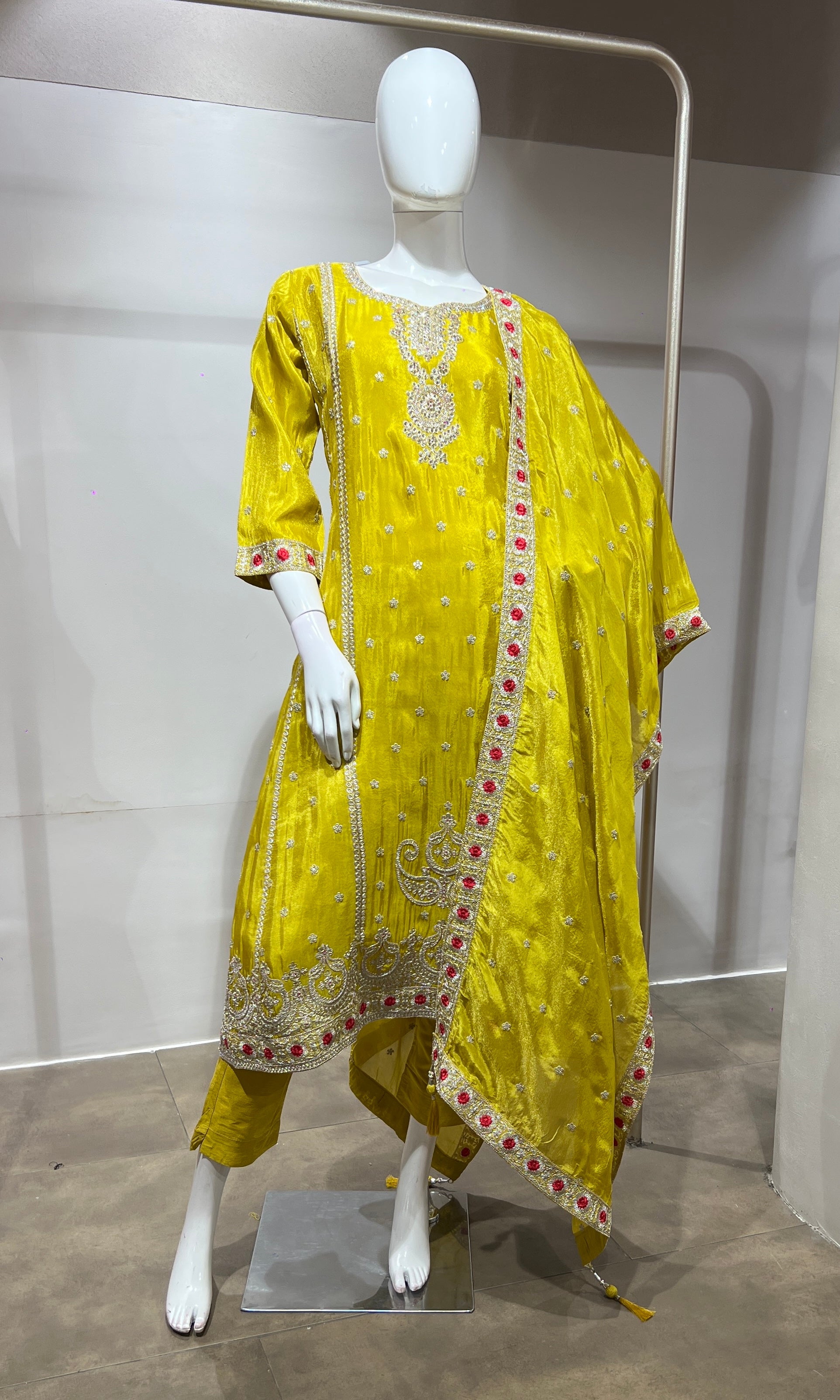 Yellow Silk Embroidered Kurta Suit with Dupatta
