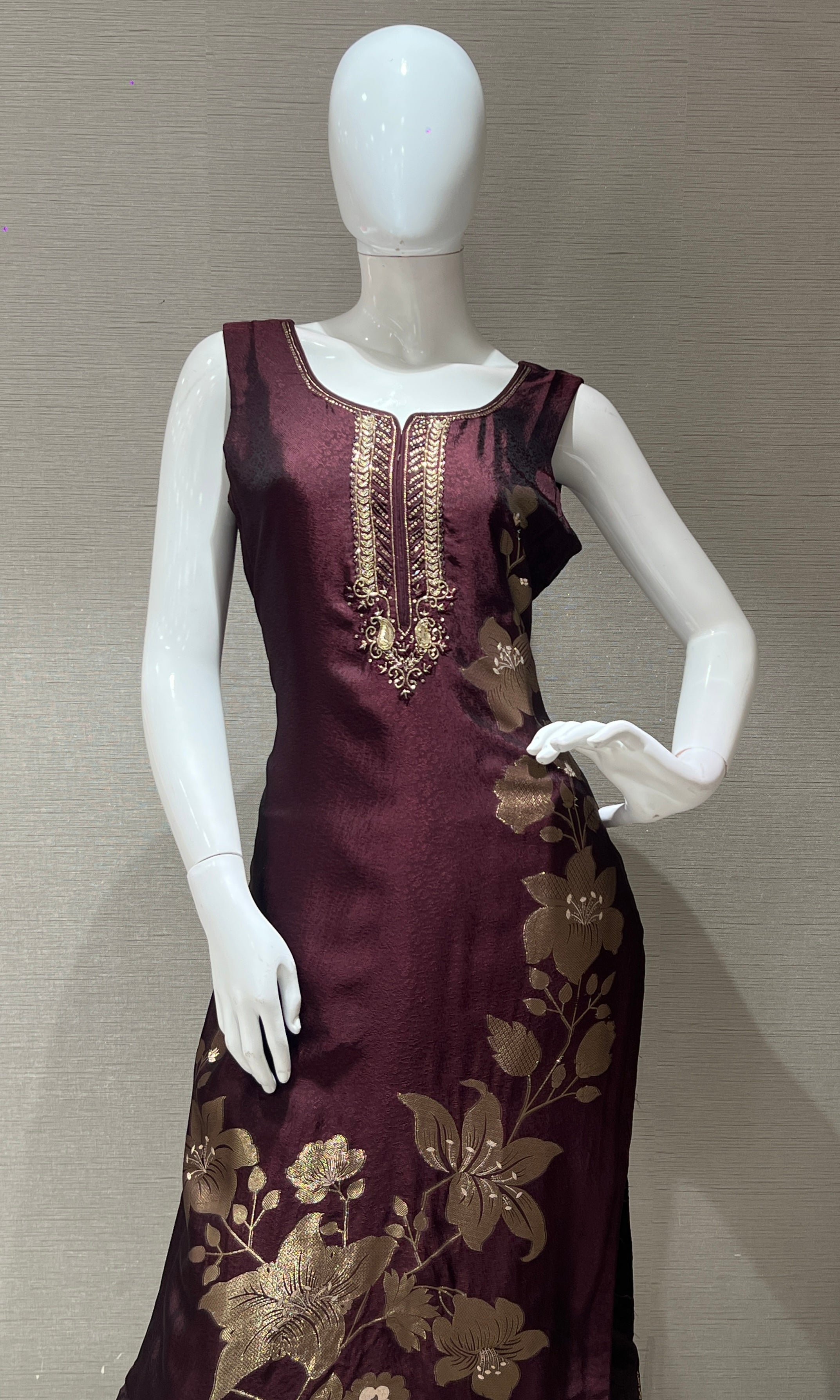wine floral embroidered kurta set