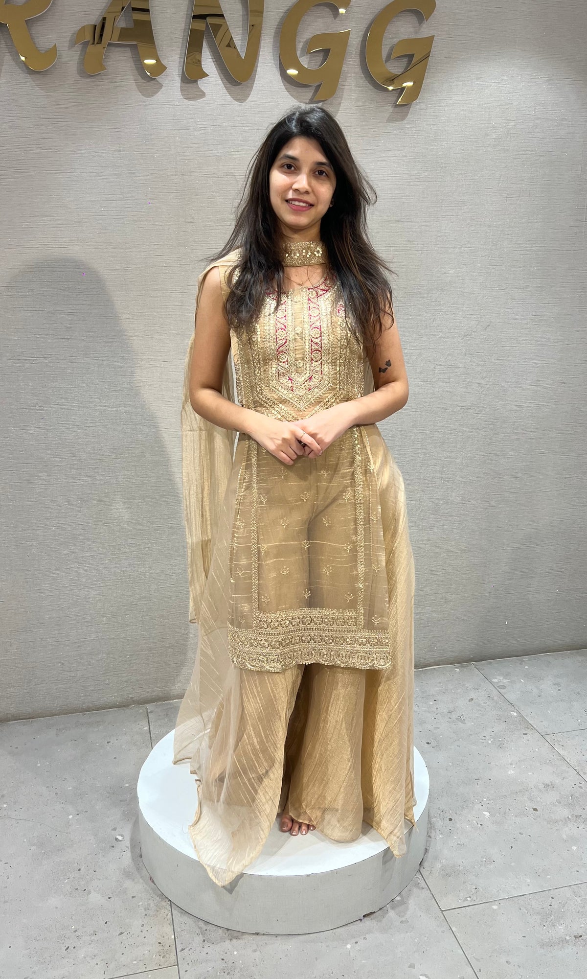 Beige tissue Embroidered Palazzo Set with Net Dupatta