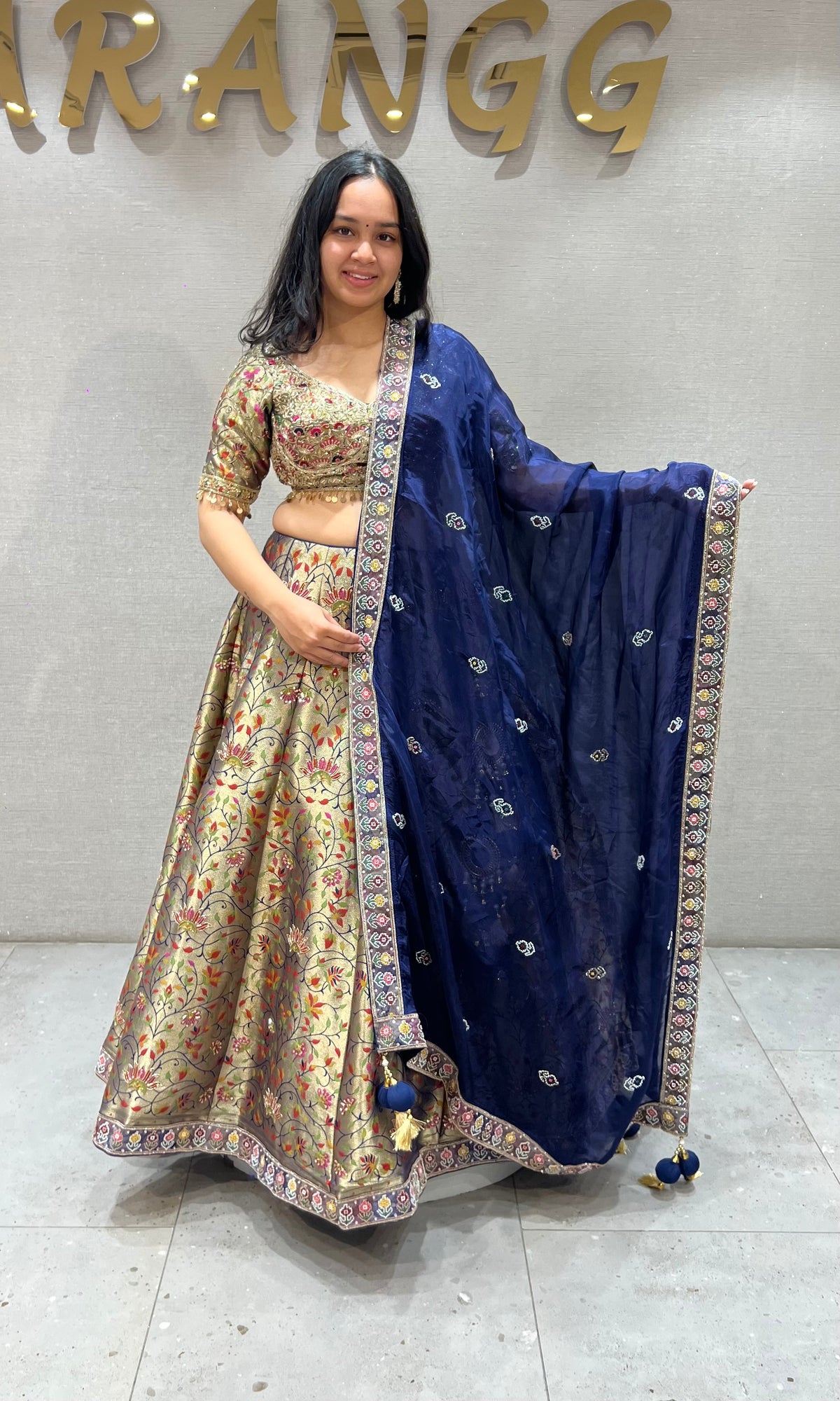 Golden Floral Banarasi Lehenga Set with Navy Blue Silk Dupatta