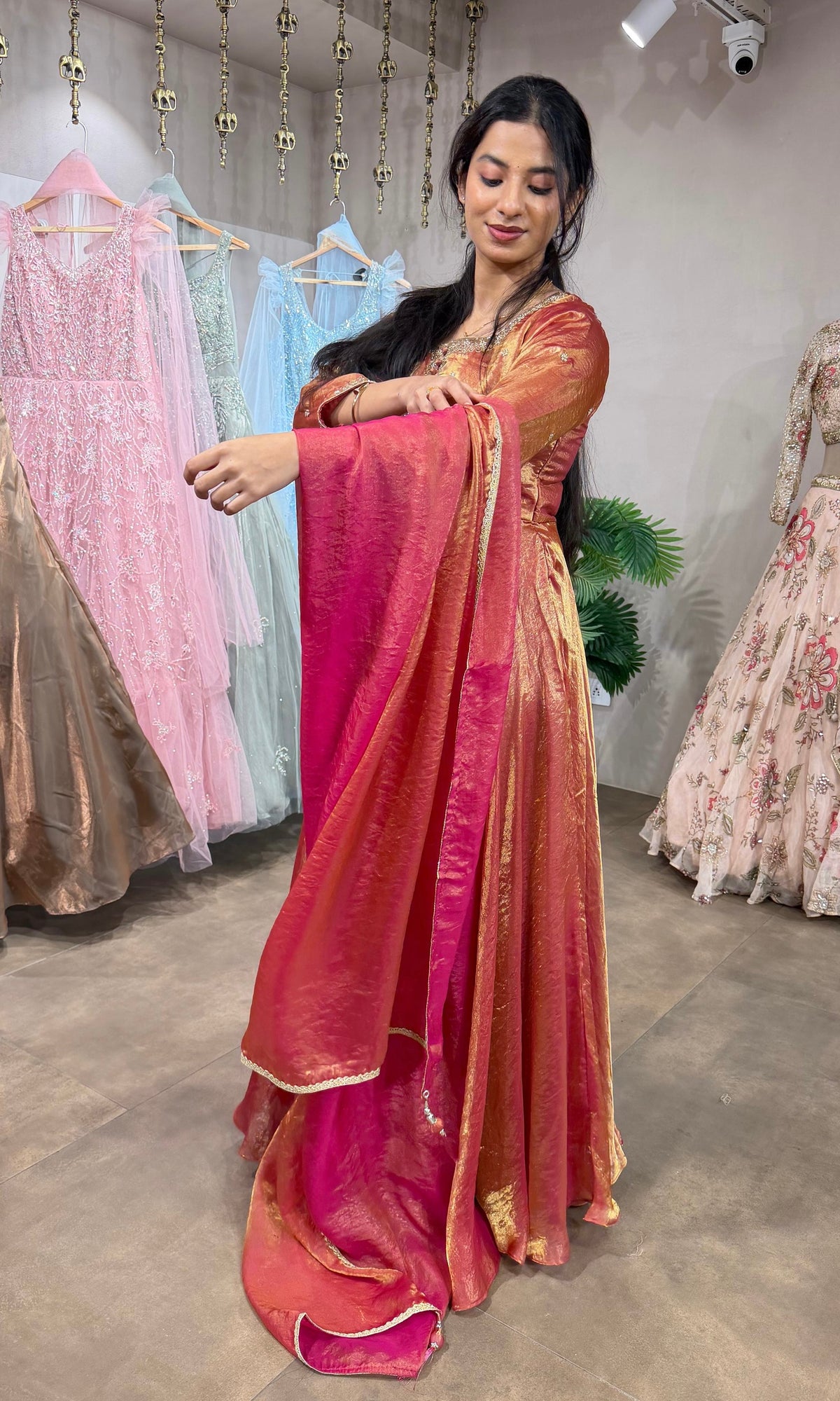 Shimmering RUST-Gold Silk Tissue Anarkali Set