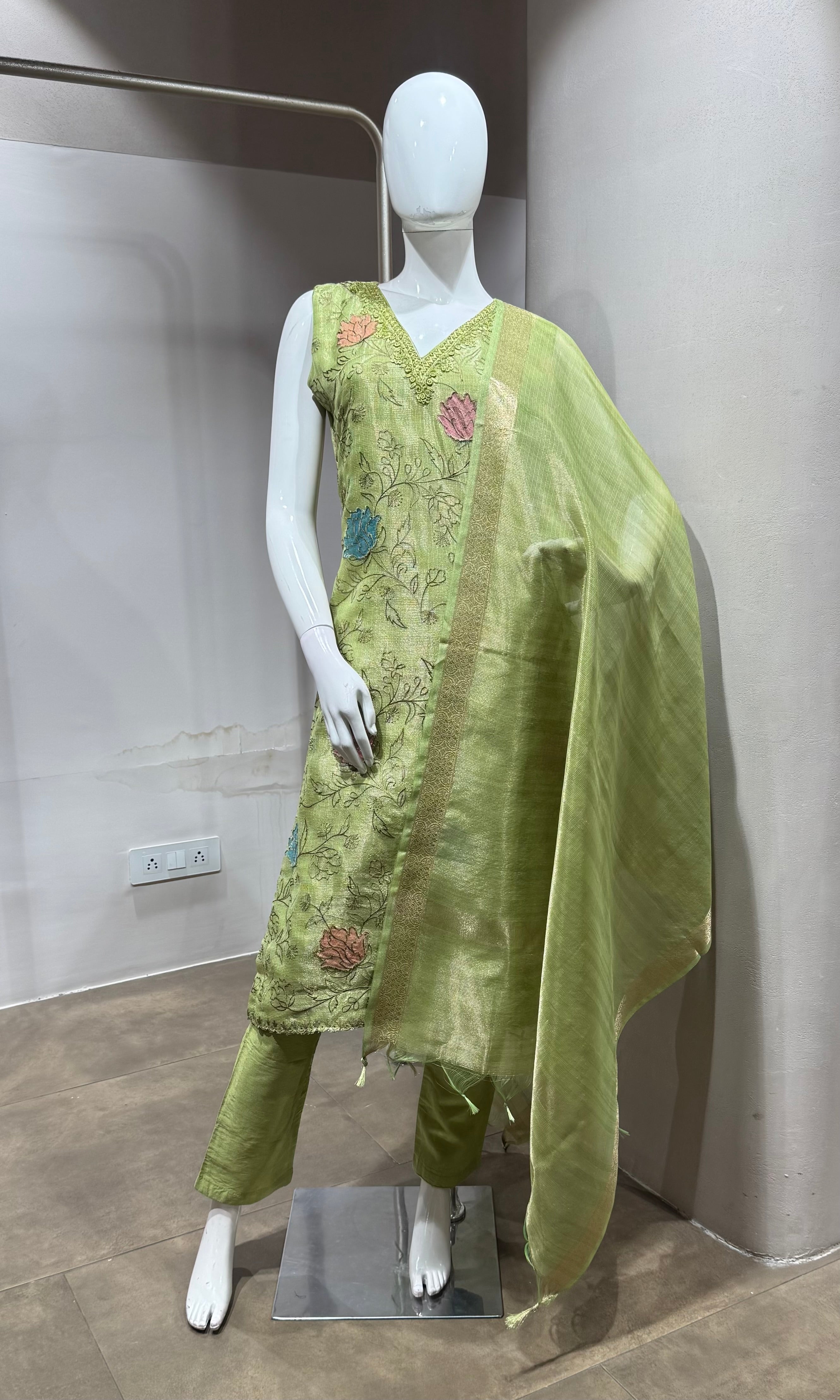 green tissue kurta set with sheer dupatta