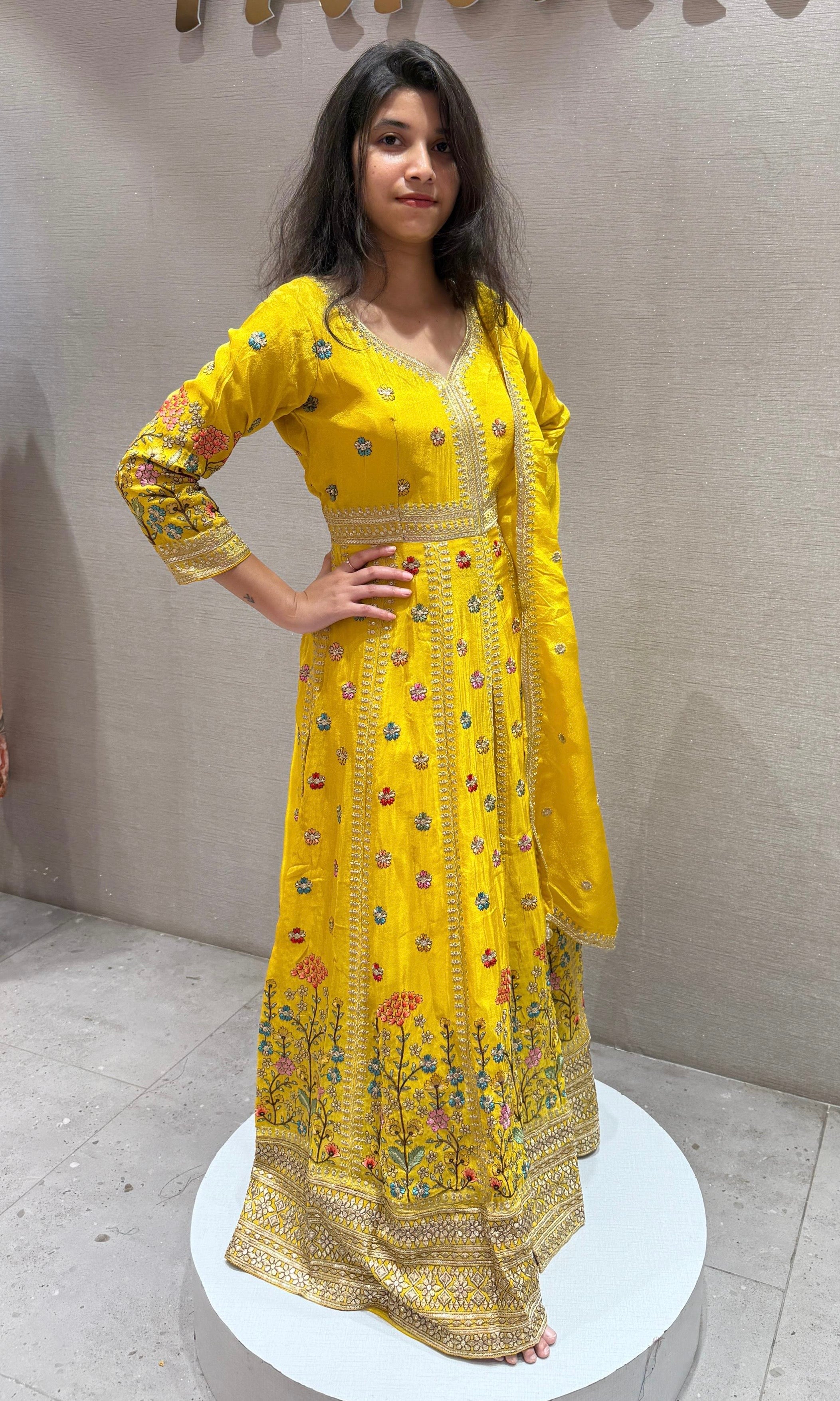 Yellow Front Slit floral Anarkali