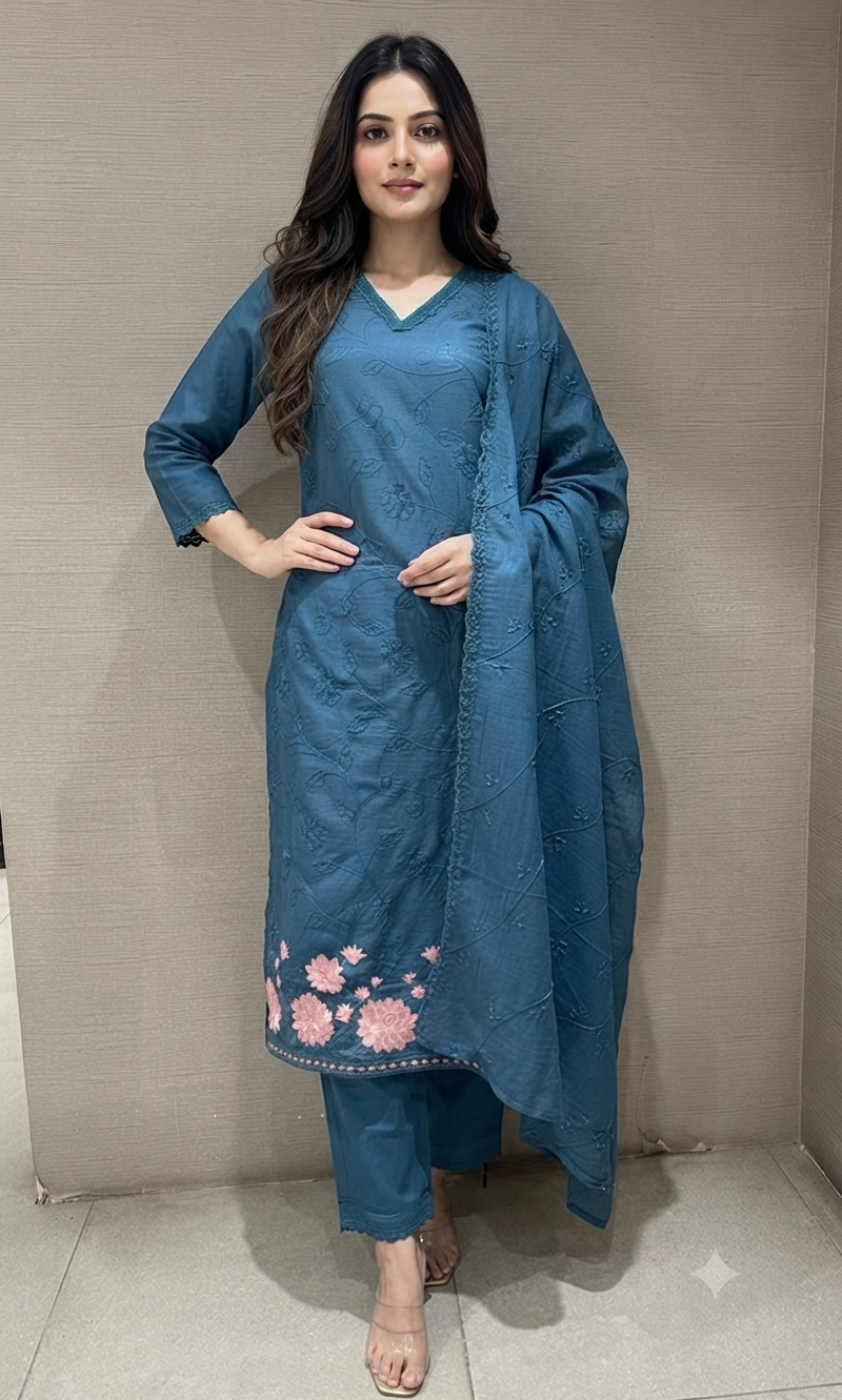 Blue Cotton Kurta Set with Pink Floral Embroidery