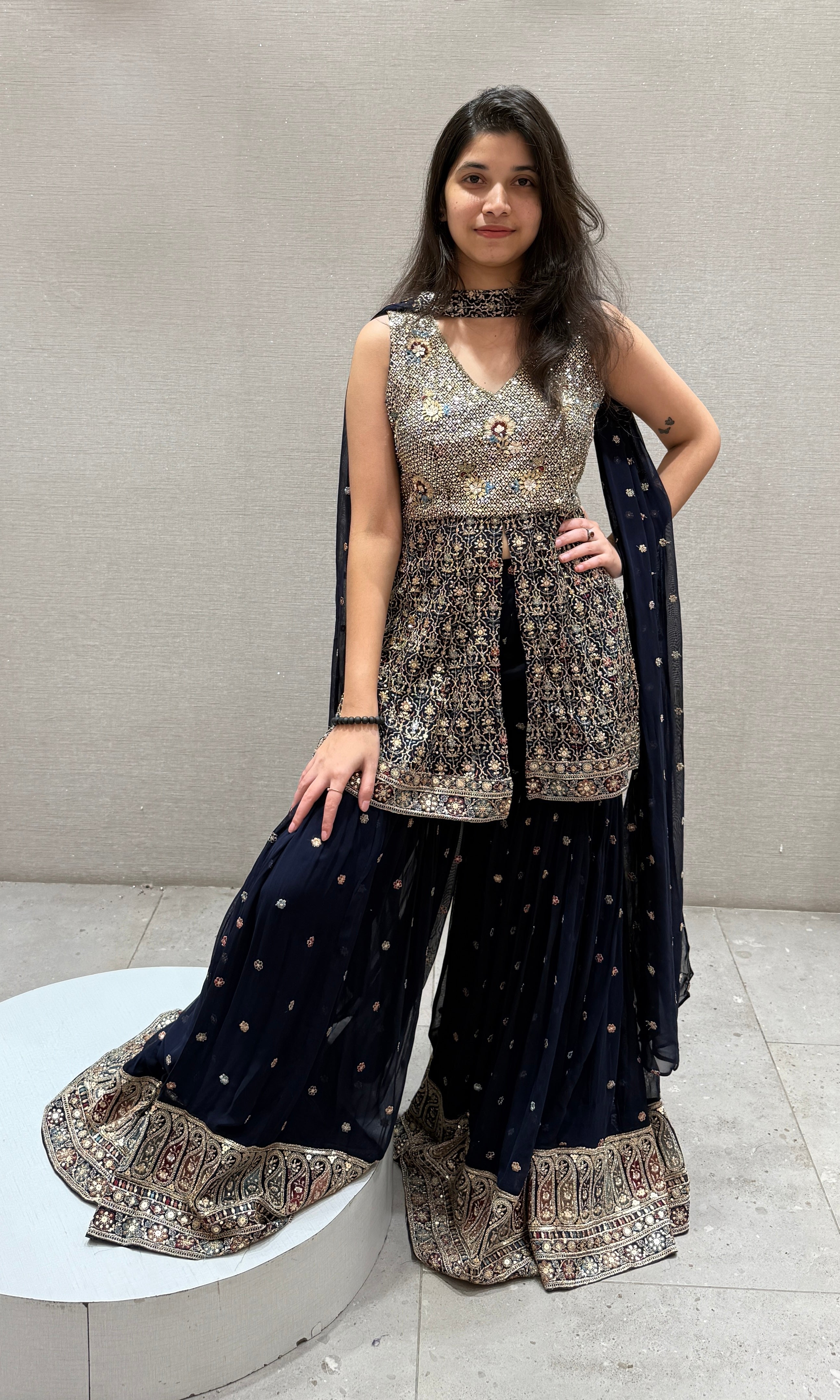 Navy Blue Embroidered Sharara Set