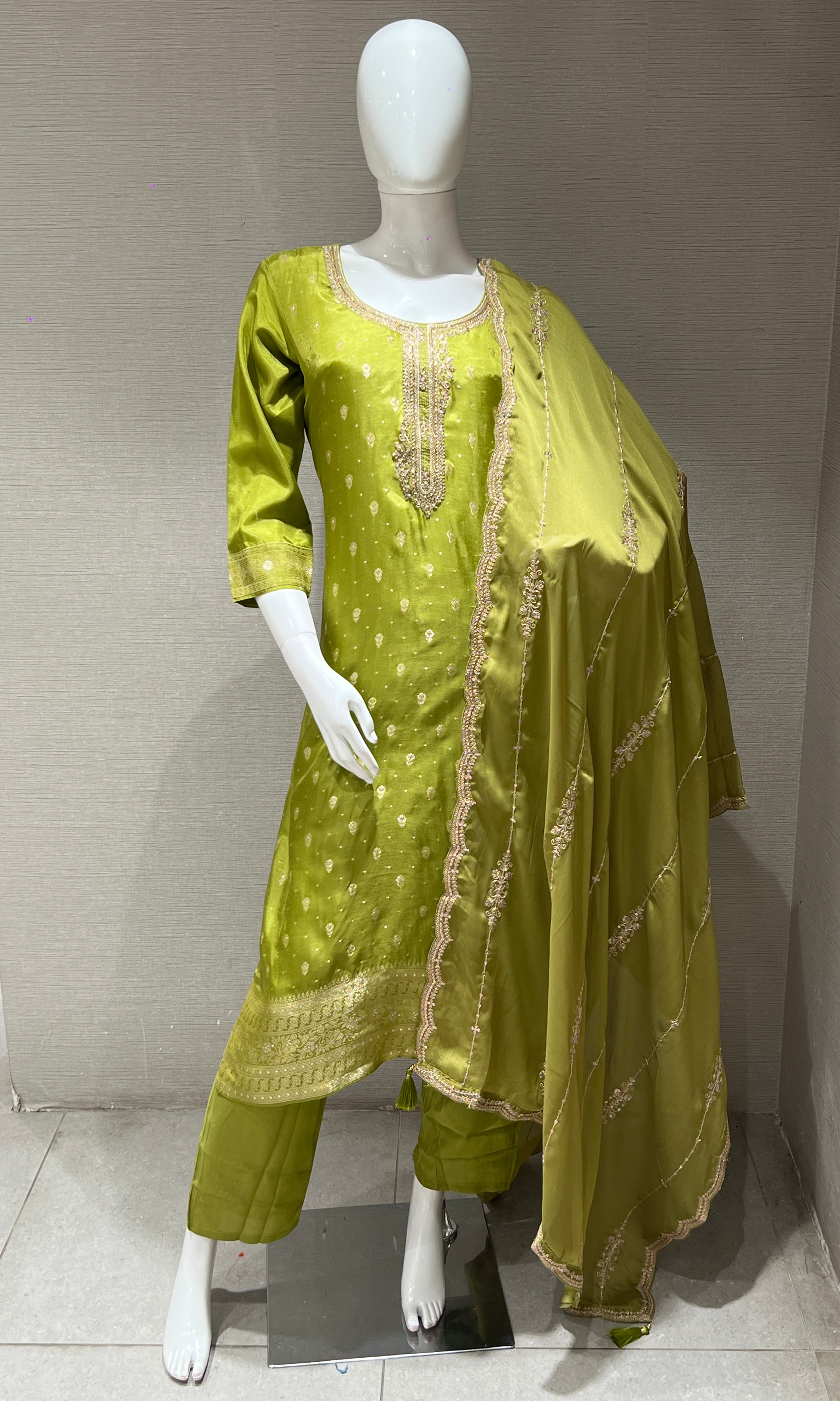 Green and Gold Embroidered Kurta set